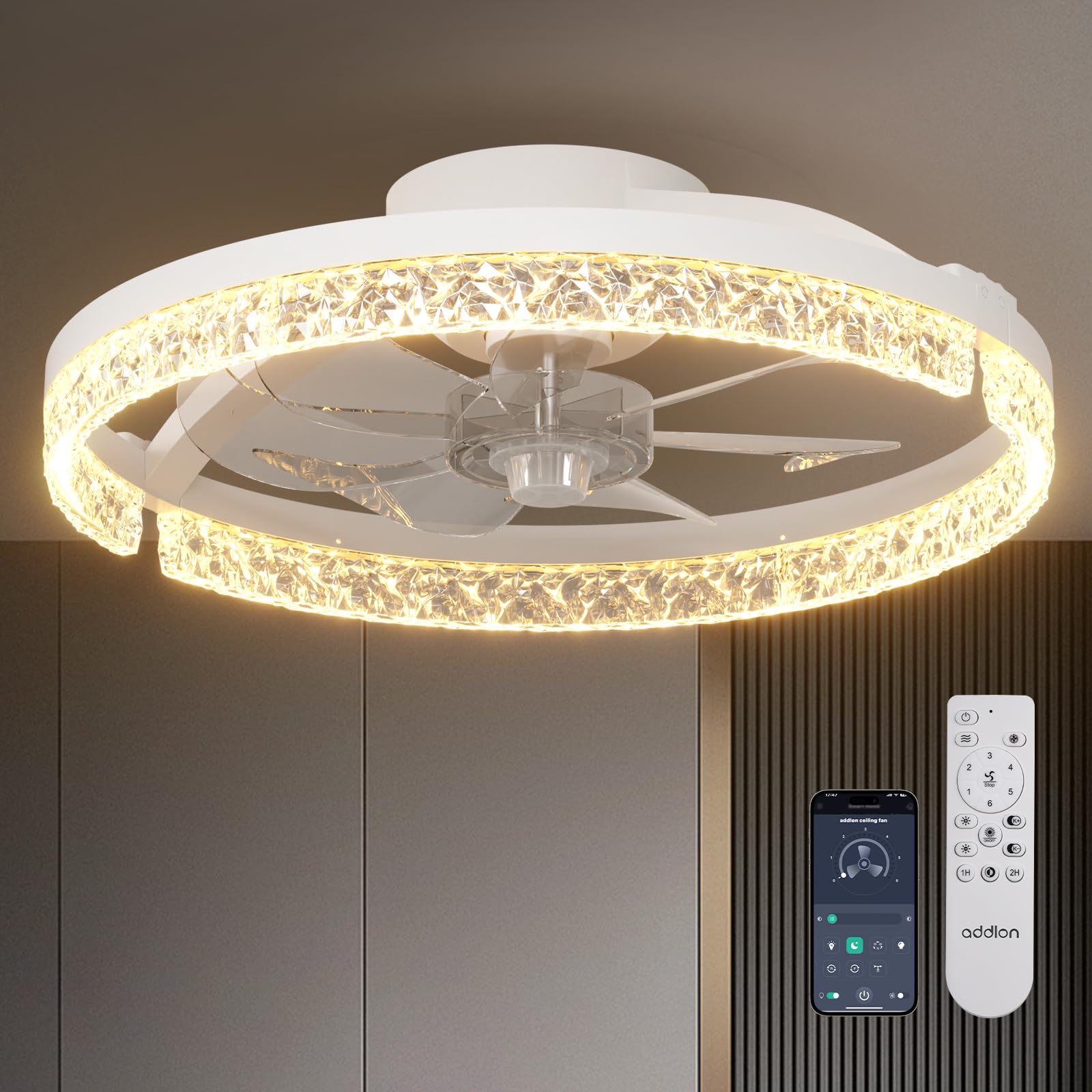 addlon Ceiling Fans with Lights and Remote, 18'' Low Profile Ceiling Fans, 3000-6000K Dimmable Modern Flush Mount LED Fan Light, Fandelier Ceiling Fan for Bedroom, Kitchen, Living Room, White