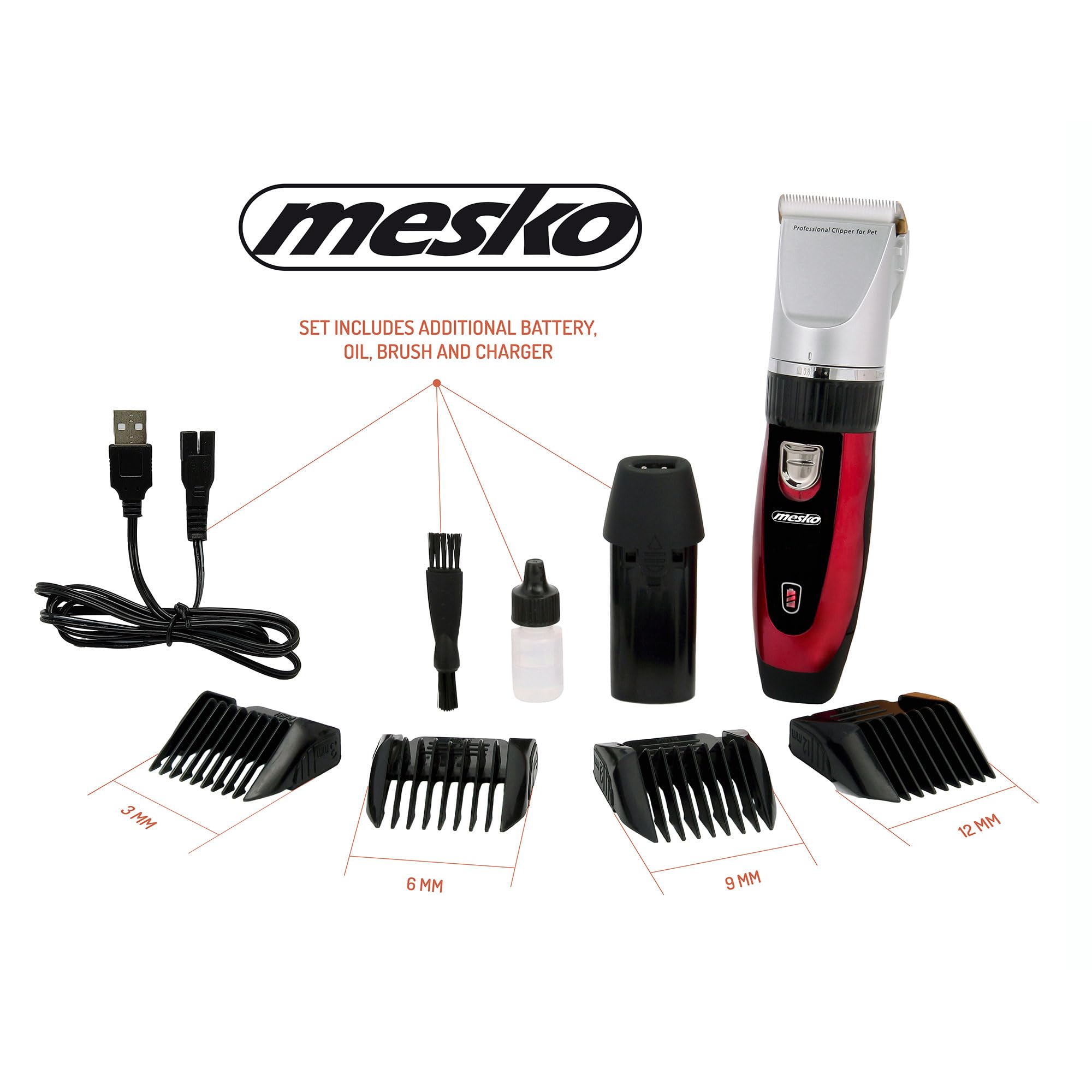 Mesko MS2847 Maquina Cortar Pelo Perro Cortapelos Profesional Animales, Esquiladora Gatos Mascotas, Bajo Ruido, Cabezal Titanio, Cuchilla Cerámica, Inalámbrica, 4 Peines Ajuste de Corte, 35W