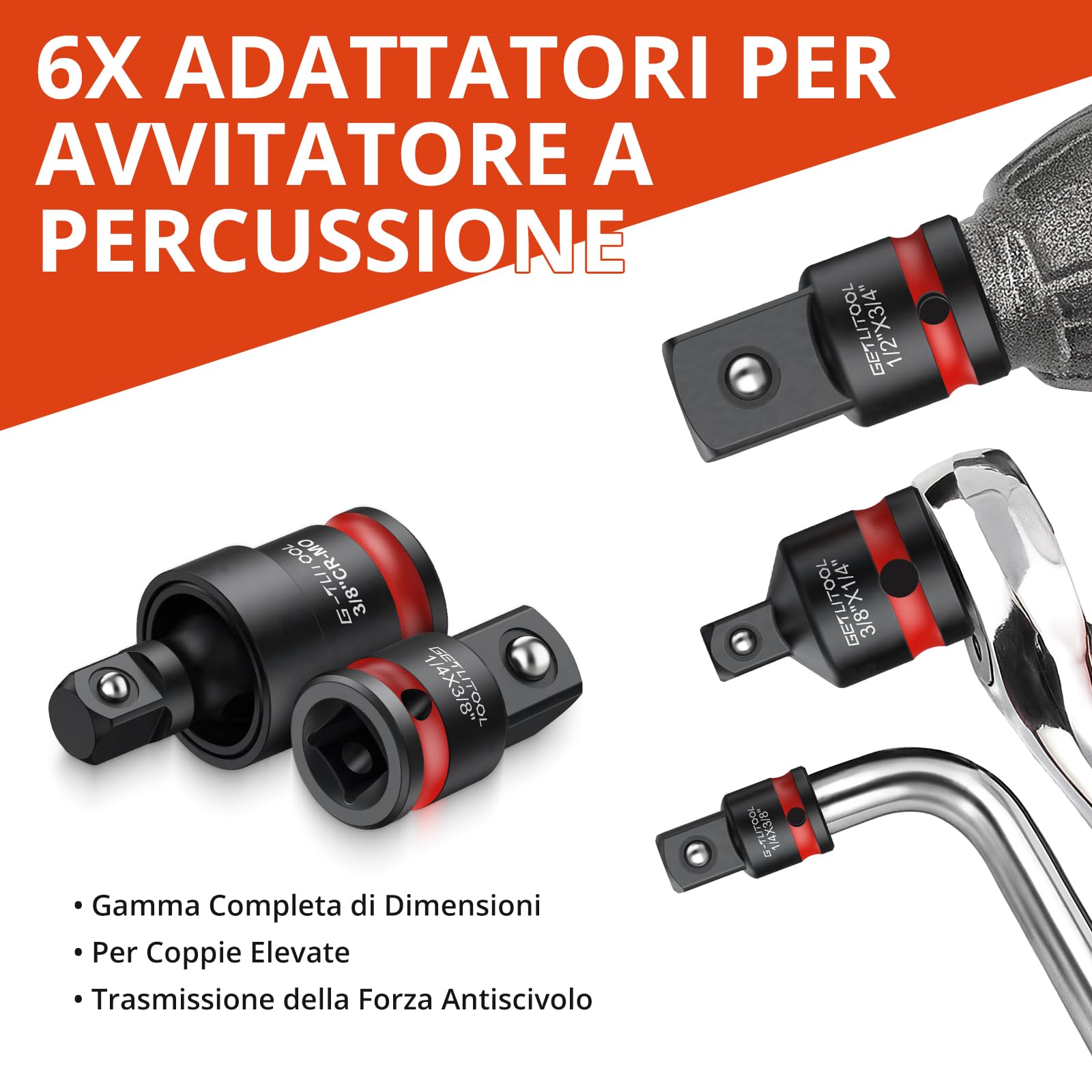 GETLITOOL Set 20PZ Adattatori per Bussole Chiavi in Acciaio, Include 11 Barre di Estensione 1/2+3/8+1/4 con Codolo 1/4-inch (25-150mm), 6 Adattatori F/M e 3 Giunti Cardanici 1/2" 3/8" 1/4"