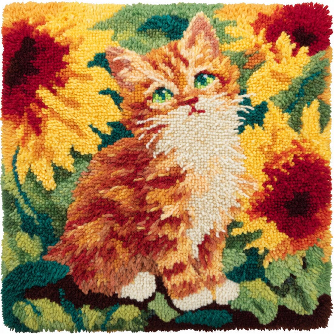 Kitquiver Animal DIY Latch Hook Kit Cat and Sunflower Crochet Needlework Crafts with Latch Hook Tool for Adults DIY Handmade Home Cushion Kits Decor 17x17In