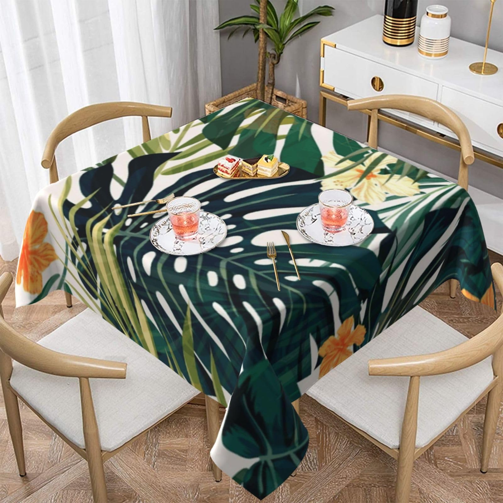 DCEHGEW Tropical Summer Hawaiian Flower Palm Leaves Prints Square Tablecloth 152x152 CM, Waterproof Fabric Table Cloth for Dining Table, Farmhouse Table Cover for Kitchen Dining Tabletop Decoration
