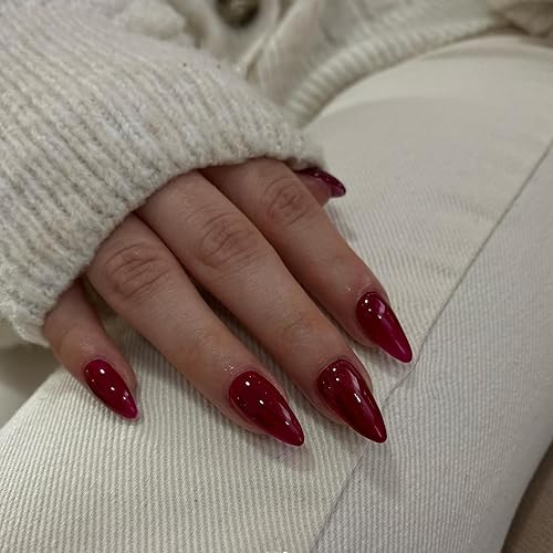 Miniatura 2 de 48 uñas postizas medianas a presión en forma de almendra, uñas postizas KXAMELIE color rojo oscuro para niñas, pegamento reutilizable en uñas