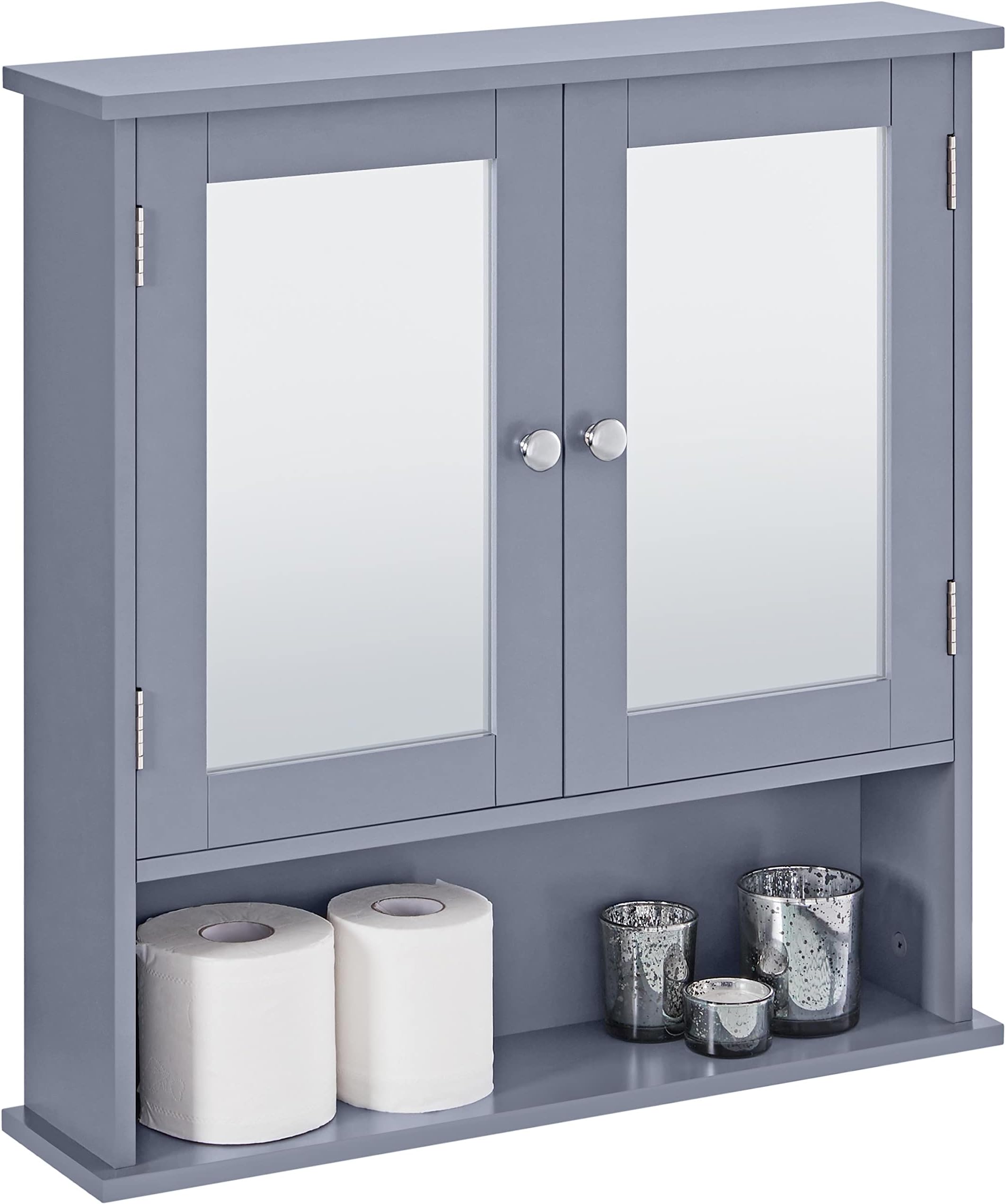 Yaheetech Bathroom Mirror Cabinet Wall-Mounted Storage Cabinet Modern Toilet Cupboard Storage Unit with Double Mirror Doors Adjustable Shelf, Grey, 13cm x 56cm x 58cm