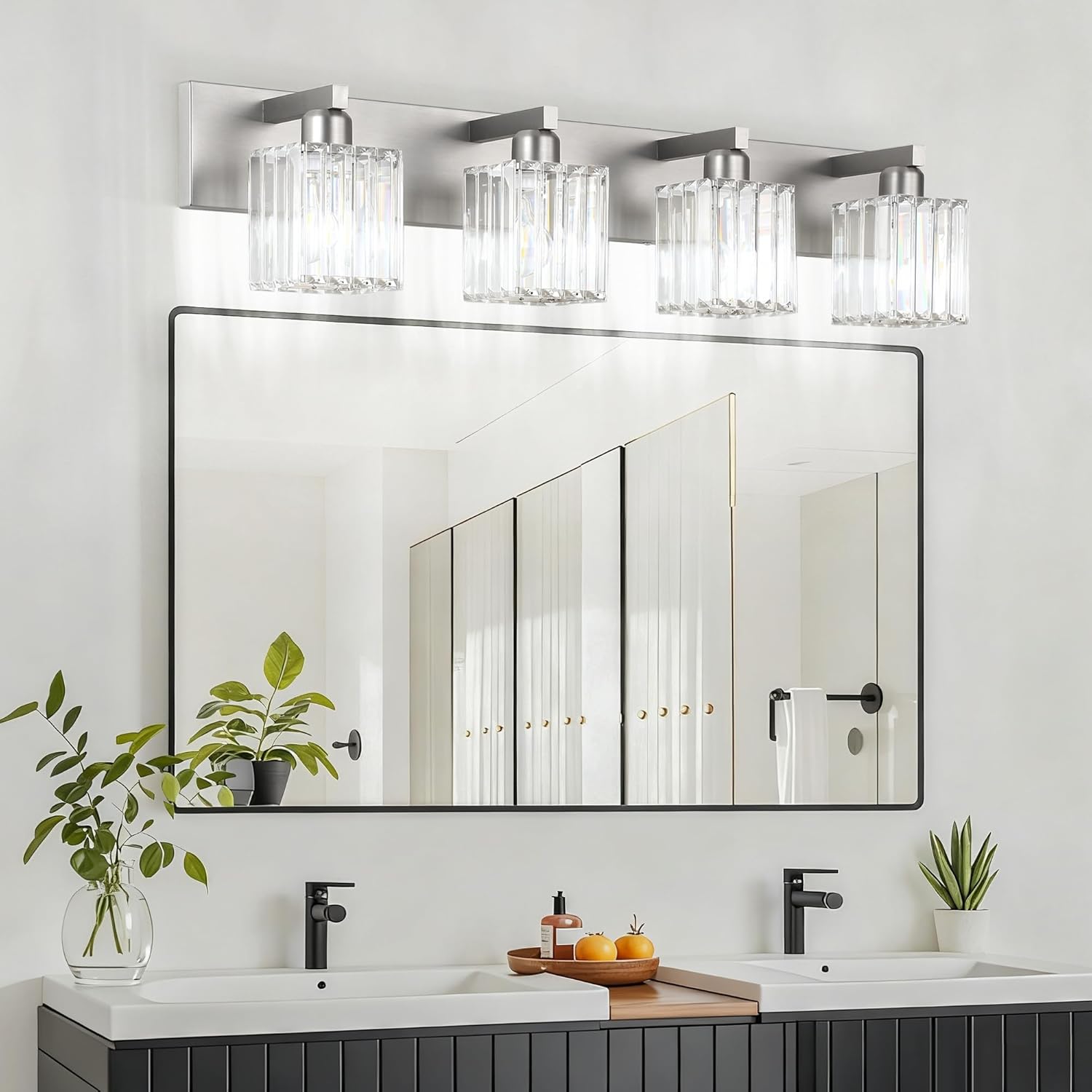 Aipsun Brushed Nickel Bathroom Lighting Fixtures 4 Light Crystal Modern Bathroom Vanity Light (Exclude Bulb)