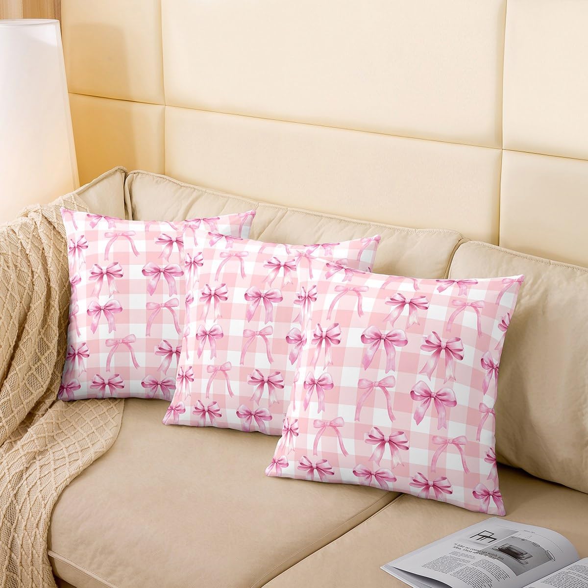 Feelyou Girls Pink Bowknot Pillow Covers for Home Sofa Bed Couch,Princess Romantic Bow Throw Pillow Covers 24"x24",Girls Room Decor,Cute Bow Tie Cushion Covers,Pink Bowknot 2pcs Pillowcases