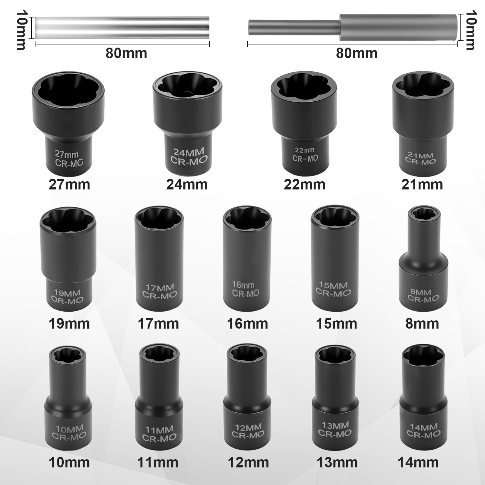 Extractor de tornillos y tuercas antirrobo para ruedas de coche - Juego de casquillos de extracción helicoidal para tuercas dañadas, rayadas o cerradas, compatible con 8-27 mm, entrada 1/2″