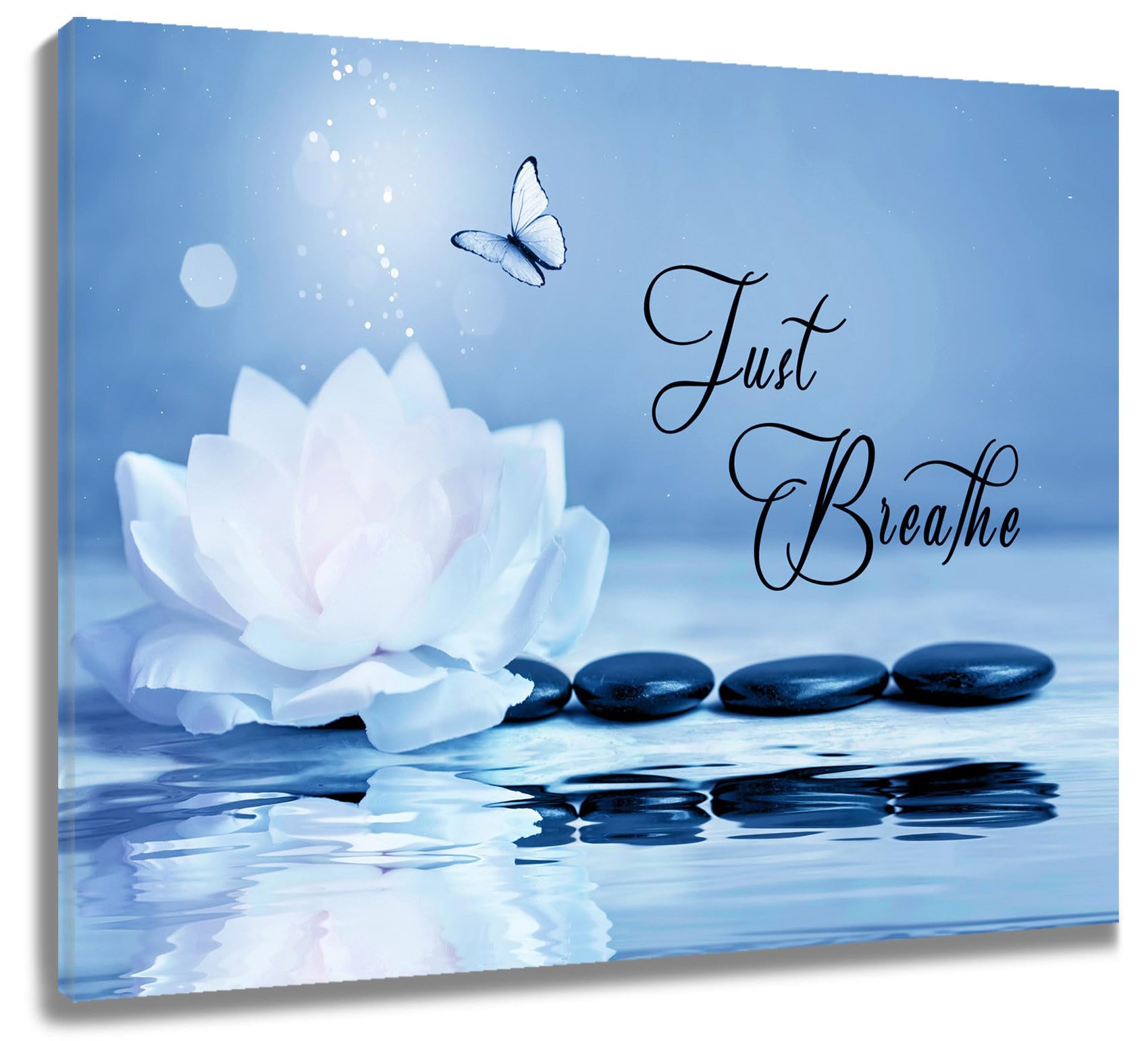 LB Zen Stone Wall Art Waterlily Flower Blue Butterfly Canvas Wall Art for Living Room Just Breathe Yoga Spa Relax Poster Paint Wall Art Decor for Bathroom Kitchen Bedroom,12Wx12H inch Wooden Framed โ image 1