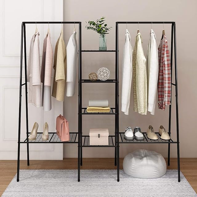 HOMERECOMMEND Large Clothes Rail Clothing Rack Stand, Metal Coat Rack, Coat Rack, Top Rod Metal and Shoe Rack Large Storage Space Black