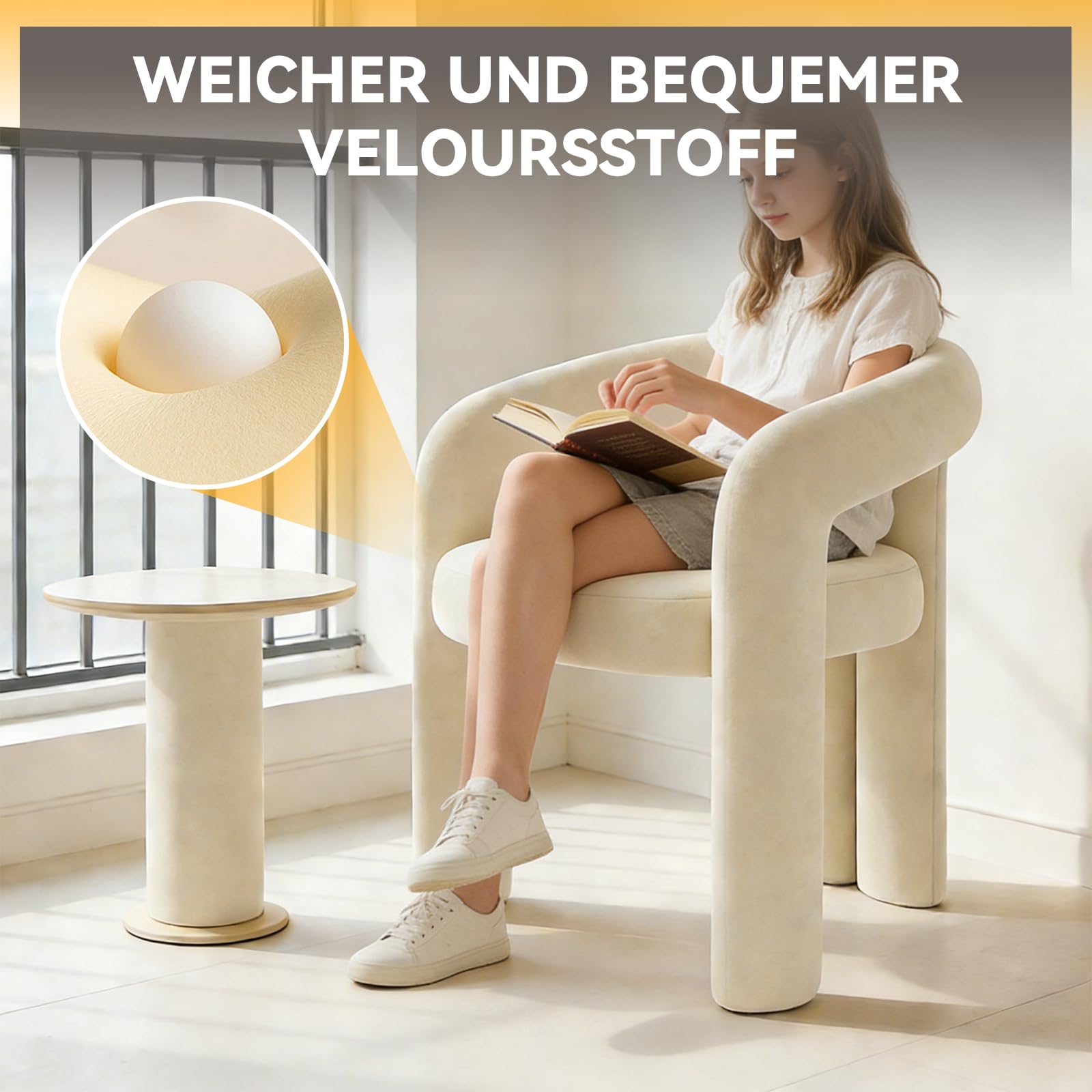 Esszimmerstuhl Samt, Moderner Armlehnstuhl mit gepolsterter (Beige) | Sitzfläche und Metallrahmen, Schminkstuhl, Polsterstuhl bis 100 kg für Esszimmer, Wohnzimmer, Schlafzimmer und Büro