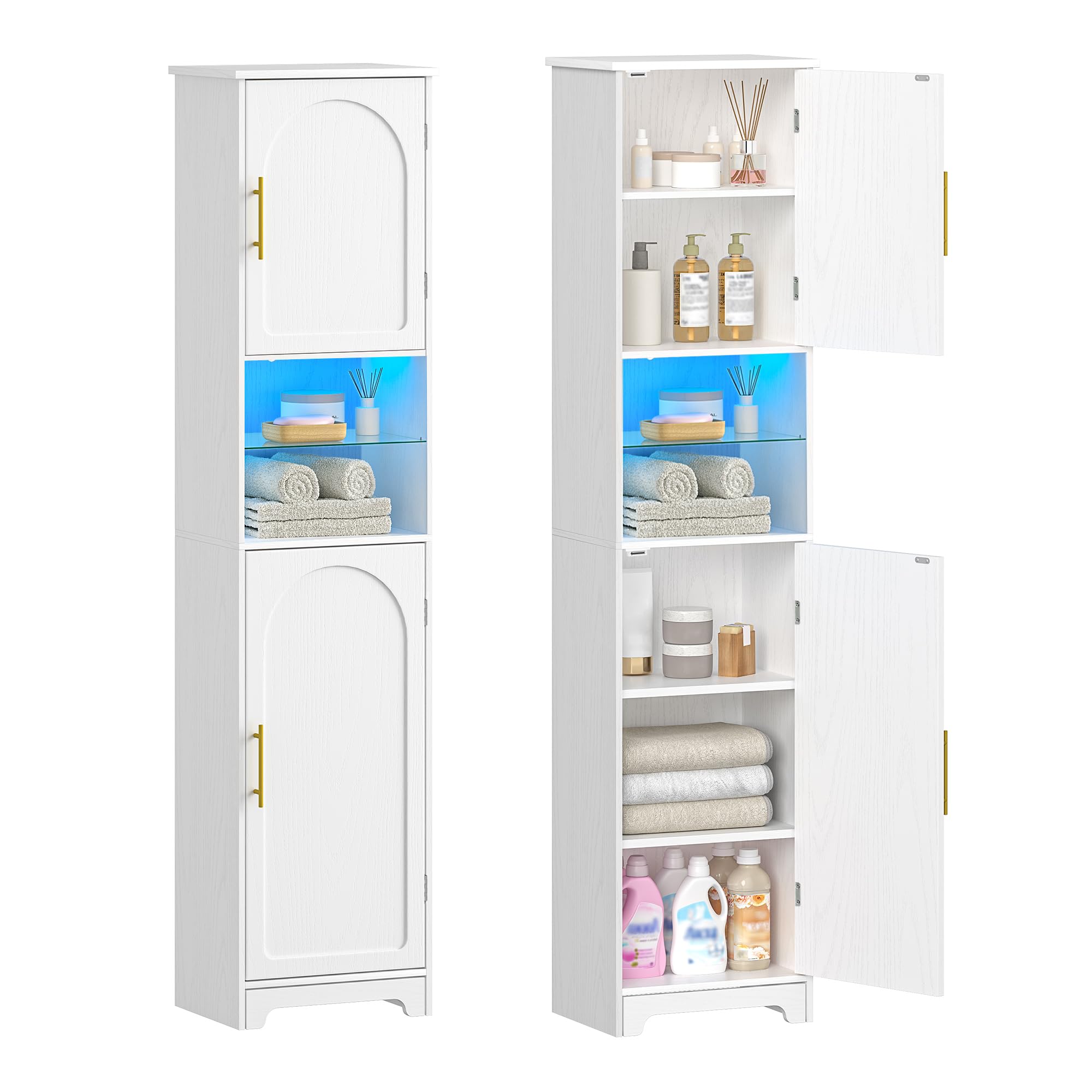 Hzuaneri Badezimmerschrank, Badschrank, Hoher Schrank Mit Farbwechselnden LED-Leuchten Und 2 Türen, Verstellbare Einlegeböden, Wohnzimmer, Badezimmer, 30 X 40 X 170 cm, Weiß SC28213X