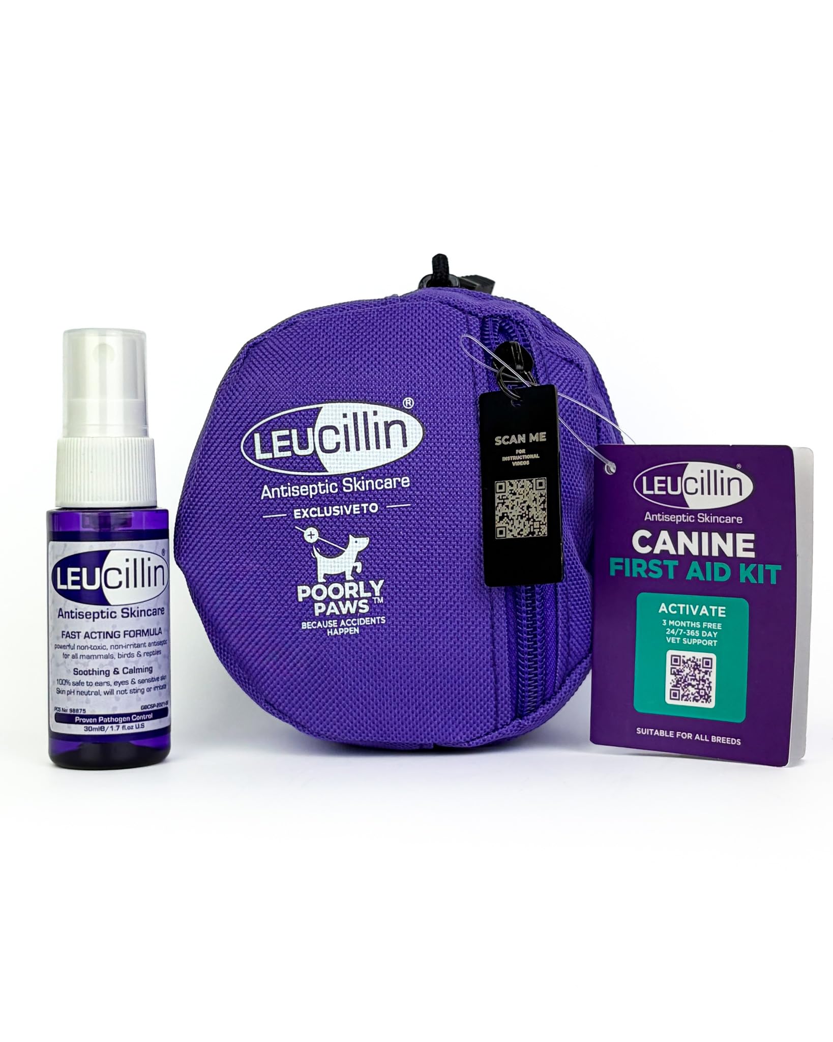 Leucillin Dog First Aid Kit & 30ml Leucillin Antiseptic Spray - Travel Size Mini First Aid Kit for Dogs, Ideal for Walking, Camping, Cars, Paw Emergency, Cats and All Other Pets