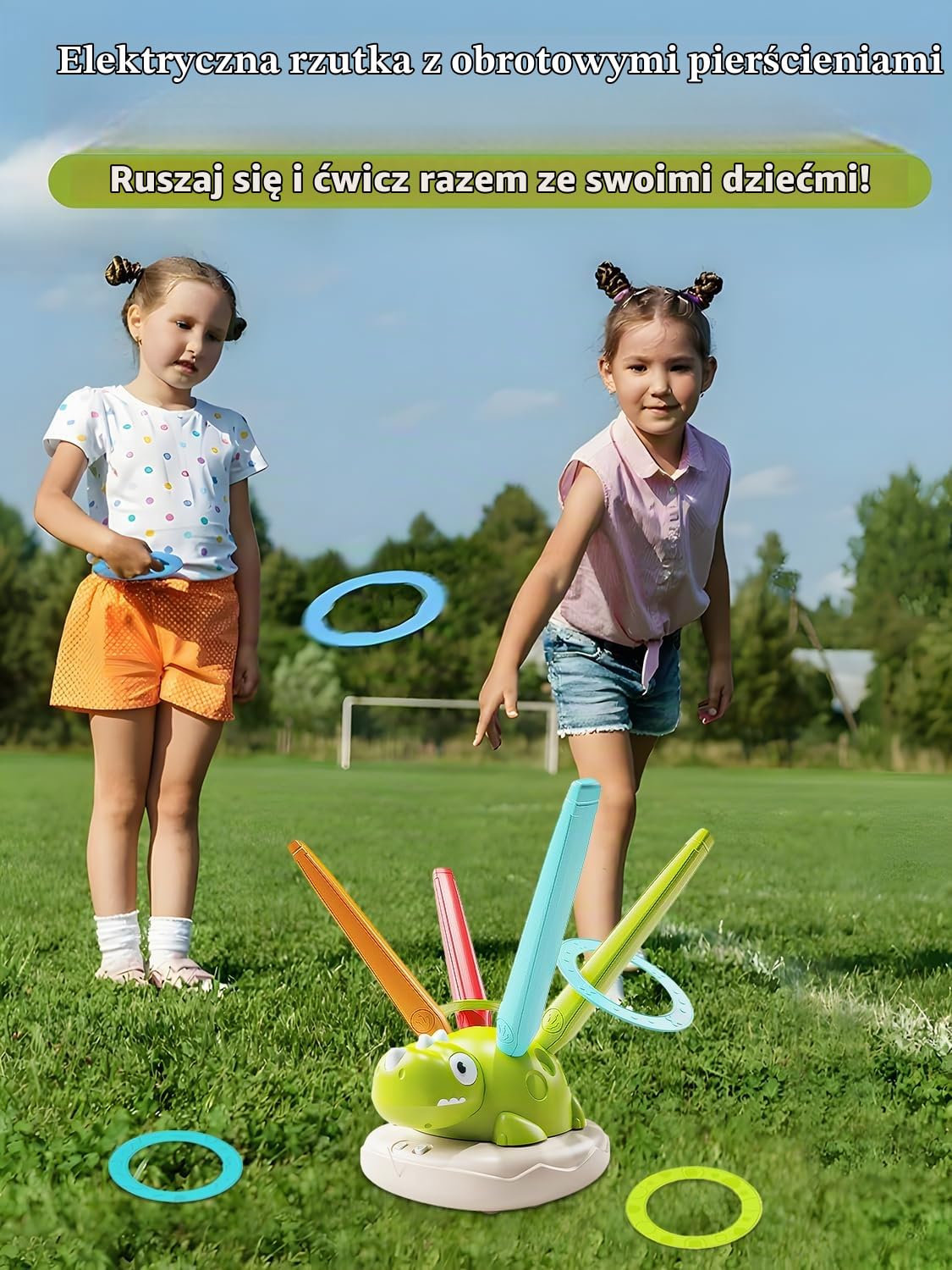 Muzyczna zabawka 3 w 1 do skakania, rzucania obręczą i wystrzeliwania dinozaurów – zabawka do zabawy na świeżym powietrzu dla dzieci w wieku od 3 do 12 lat