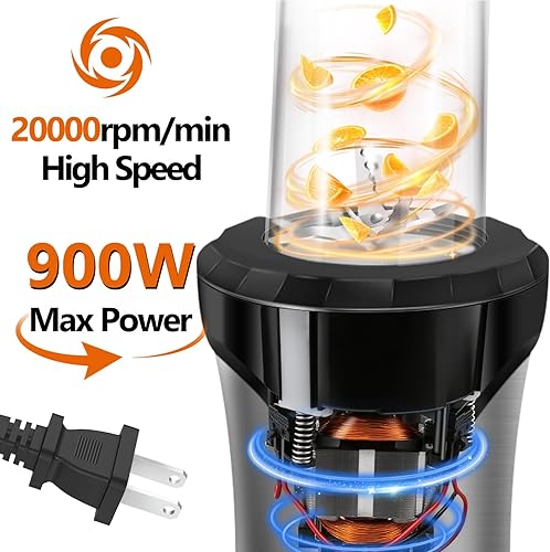 Miniatura 3 de Licuadora de 900 W para batidos, licuadora personal para batidos y trituración de hielo para cocina con 3 tazas portátiles, licuadora de una sola