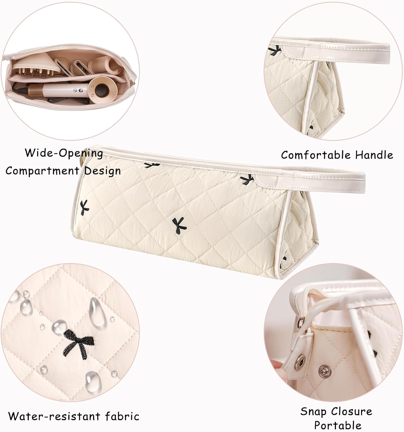RSRSLEII Large Quilted Hair Tools Travel Bag,Aesthetic Waterproof Hair Styling Accessories Storage Case for Flat Irons,Straightener,Curling Iron,Hair Dryer,Dyson Airwrap Travle Bag（05White Bow）