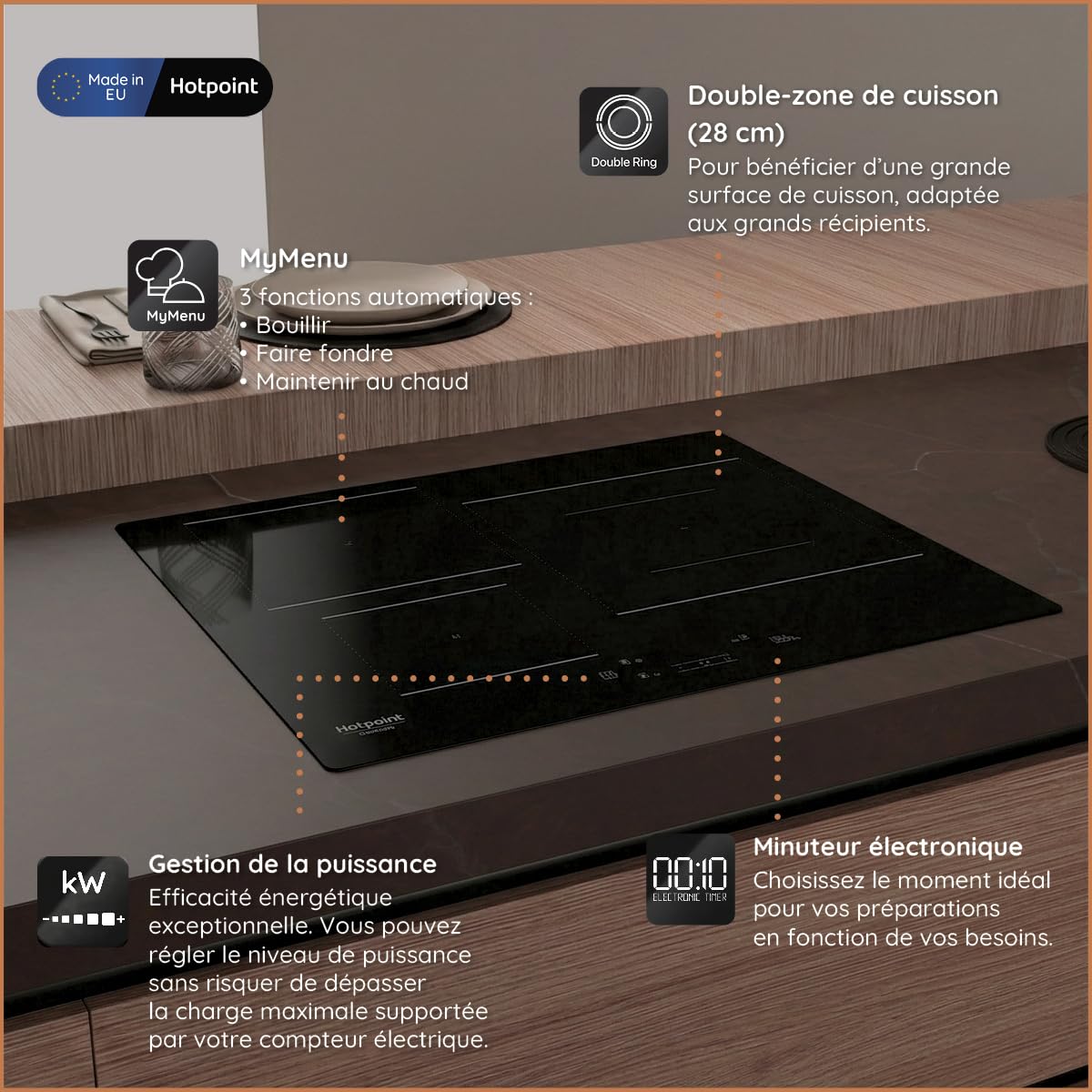 Hotpoint - HQ 5760S NE Plaque Induction 3 Foyers - Zone 28cm, Booster 7200W - Commandes Tactiles, Programmes Automatiques, Minuterie - H 5,4 x L 59 x P 51 cm - Noir Verre Céramique