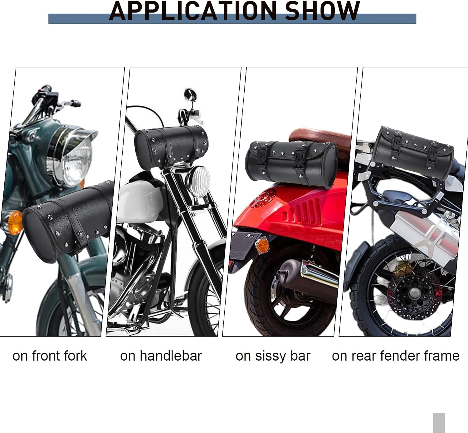 Motorcycle Handlebar Bag, Motorcycle Fork Tool Bag Motorcycle Tool Bag PU Leather Black Universal for Motorcycle Front Forks Handlebar Sissybar Storage Bag With 2 Straps