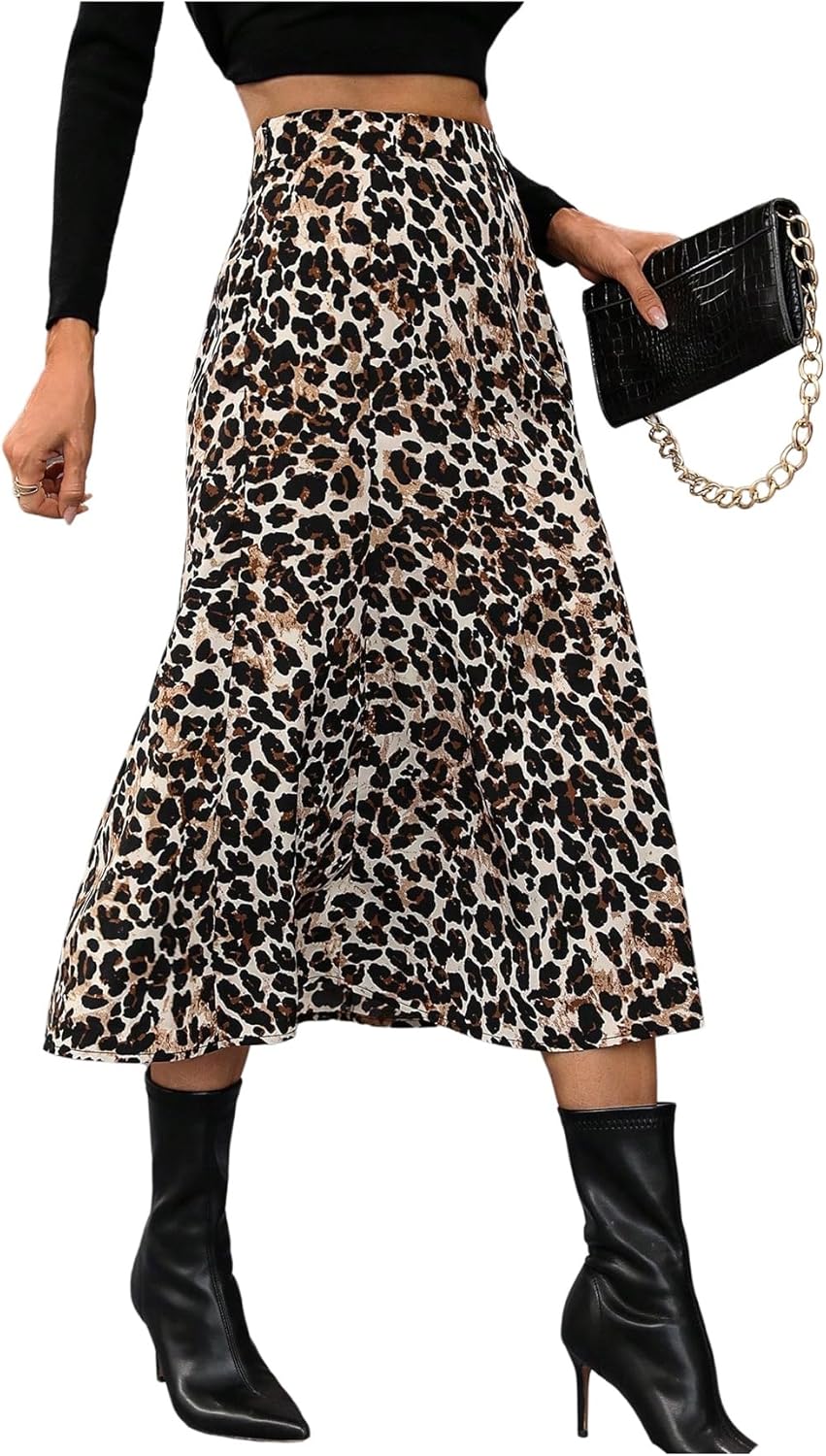 SHENHE Women's Leopard Print A Line Midi Skirt High Waisted Flared Elegant Dressy Skirt