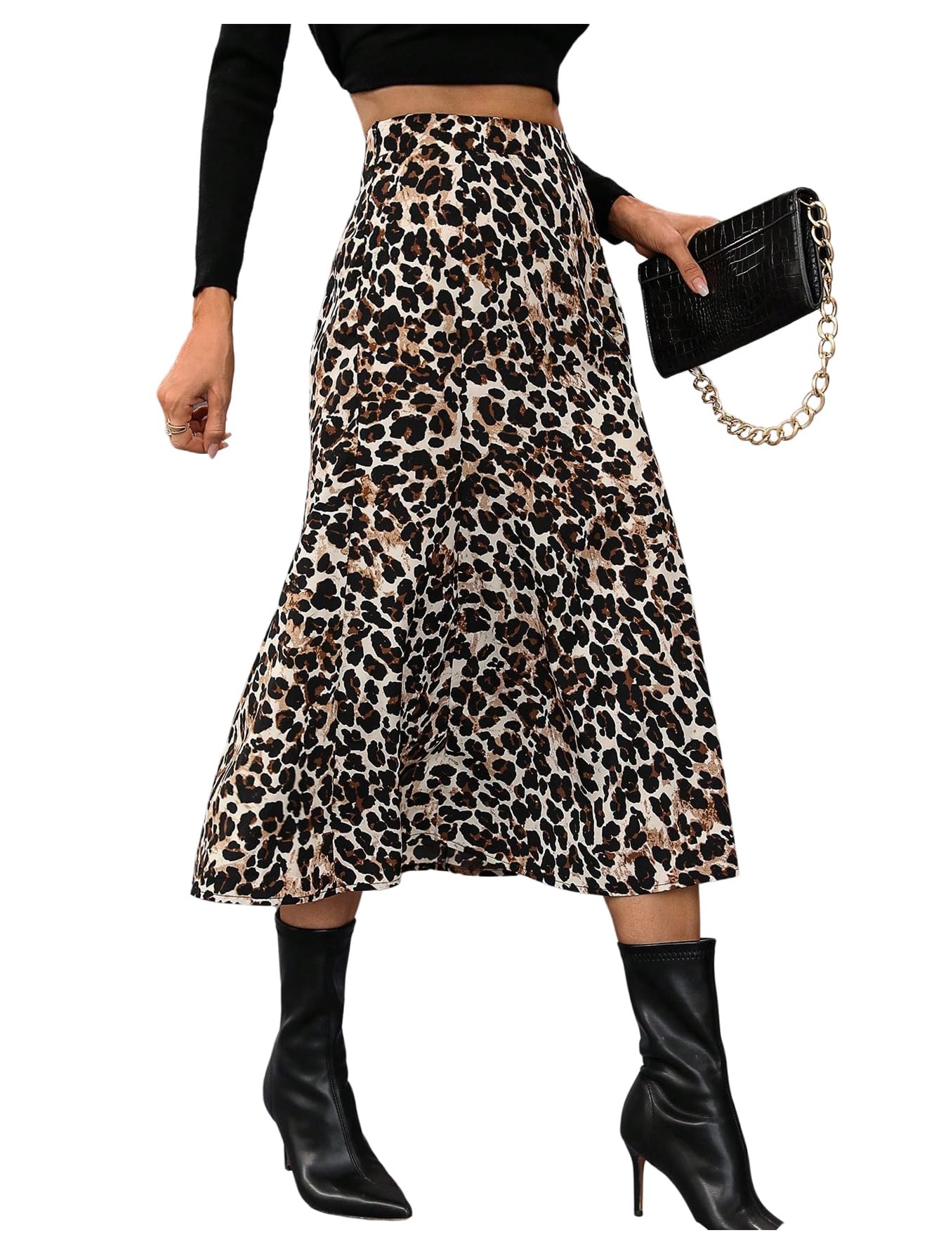 SHENHE Womens Leopard Print A Line Midi Skirt High Waisted Flared Elegant Dressy Skirt