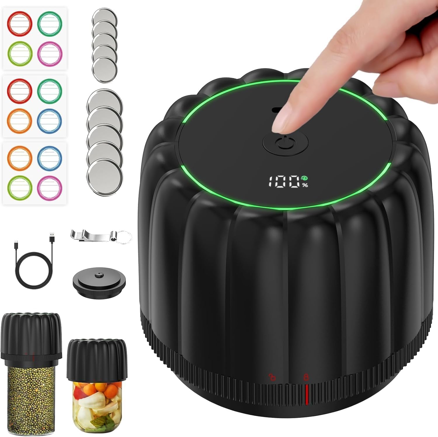 Electric Mason Jar Vacuum Sealer Kit - Portable Jar Vacuum Sealer for Canning Jars, with Wide and Regular Mouth Mason Lids