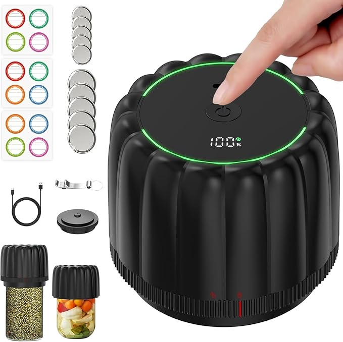 Electric Mason Jar Vacuum Sealer Kit - Portable Jar Vacuum Sealer for Canning Jars, with Wide and Regular Mouth Mason Lids, Food Storage Vacuum Sealing Machine, Lids Included, Opener