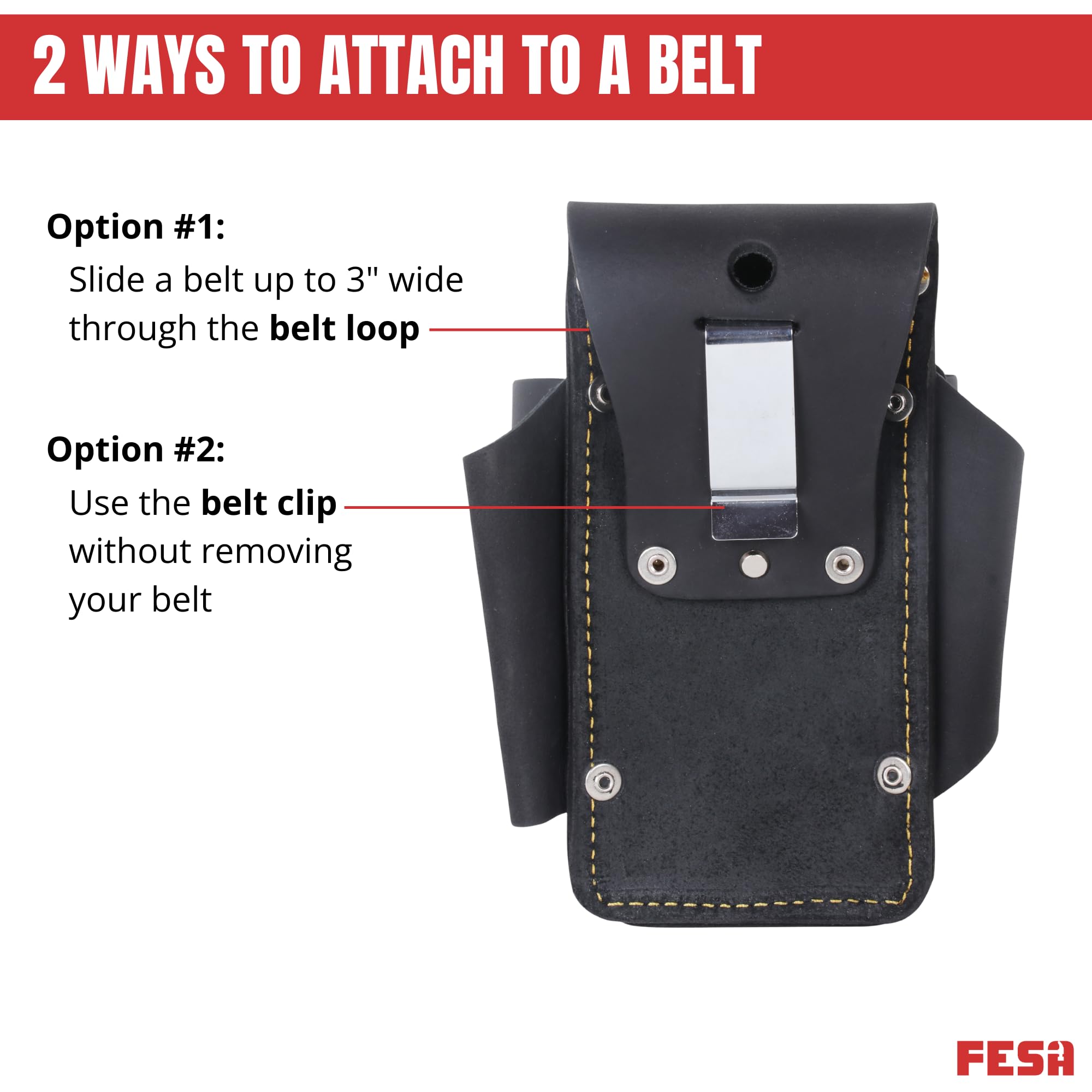 FESA Small Leather Tool Pouch 5-in-1 Heavy Top Grain Leather with Steel Hammer Loop 4 Pockets Reinforced Rivets Fits Belts up to 3'' Handcrafted