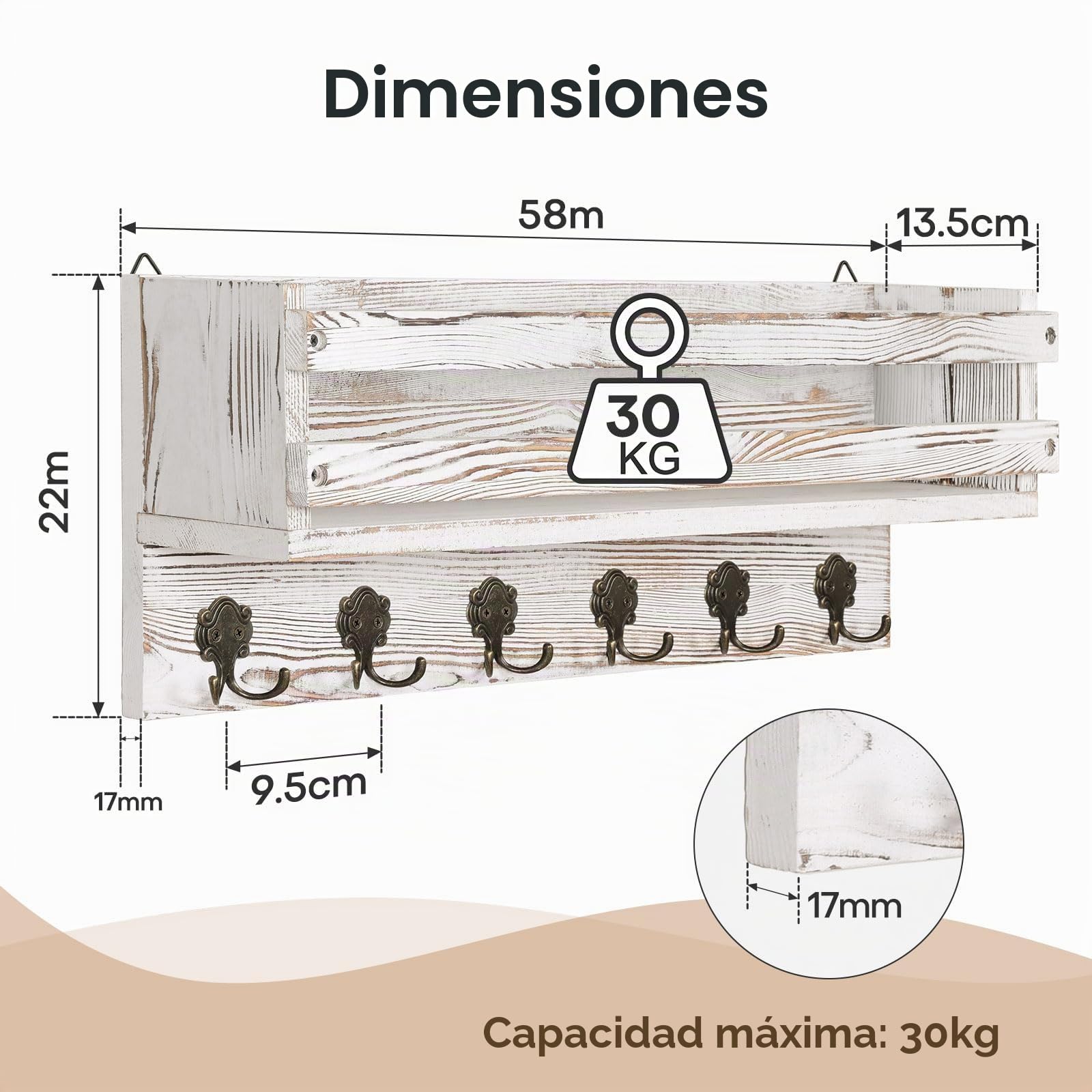 Bekrvio Perchero de madera con 6 ganchos dobles y estantes, 58 cm, troncos naturales de pared con estante, perchero de pared para entrada, dormitorio, rústico