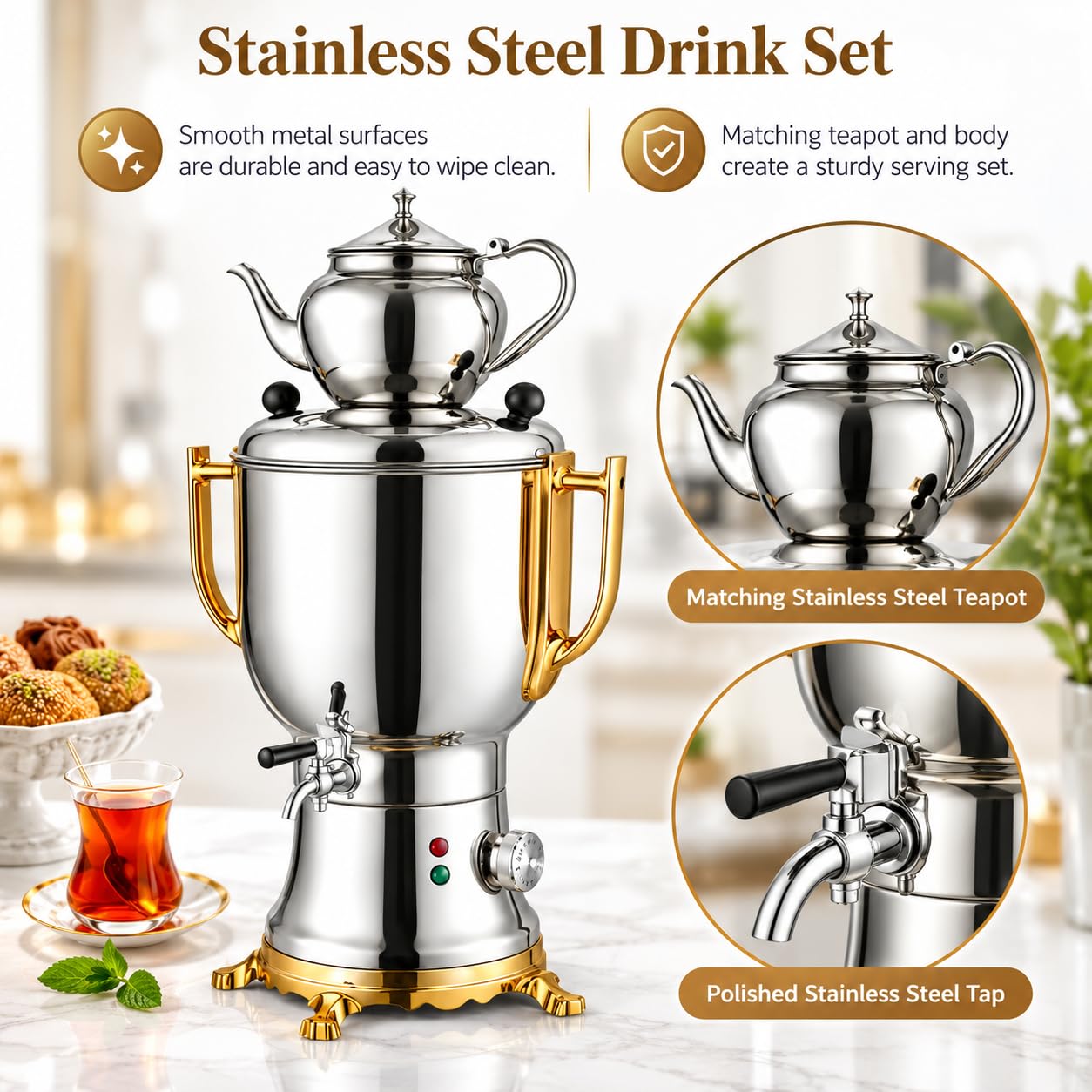 Samovar eléctrico, 4L + 1L, 1800W, mantenimiento automático del calor