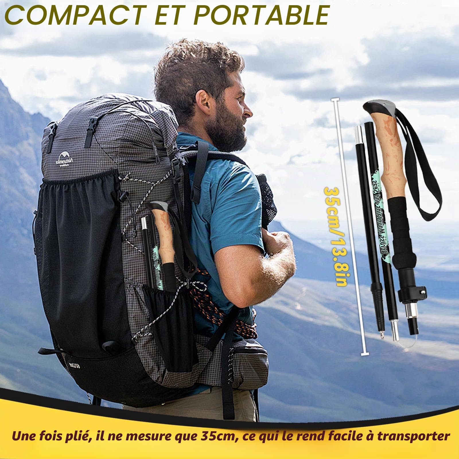 Bâtons de Trekking Pliables, 2 PCS Baton de Marche Telescopique, Bâtons de Marche Nordique pour Homme et Femme avec 6 Paires de Tampons en Caoutchouc pour du Trekking