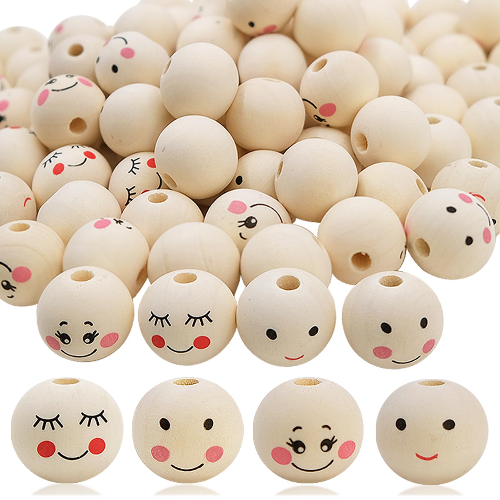 Wooden Beads with Faces 100 Pack, 20mm Craft Beads with 4.5mm Hole, 4 Face Styles, Smooth Wood Bead Heads for Worry Worms, Lucky Worms, Macrame and Jewellery Making
