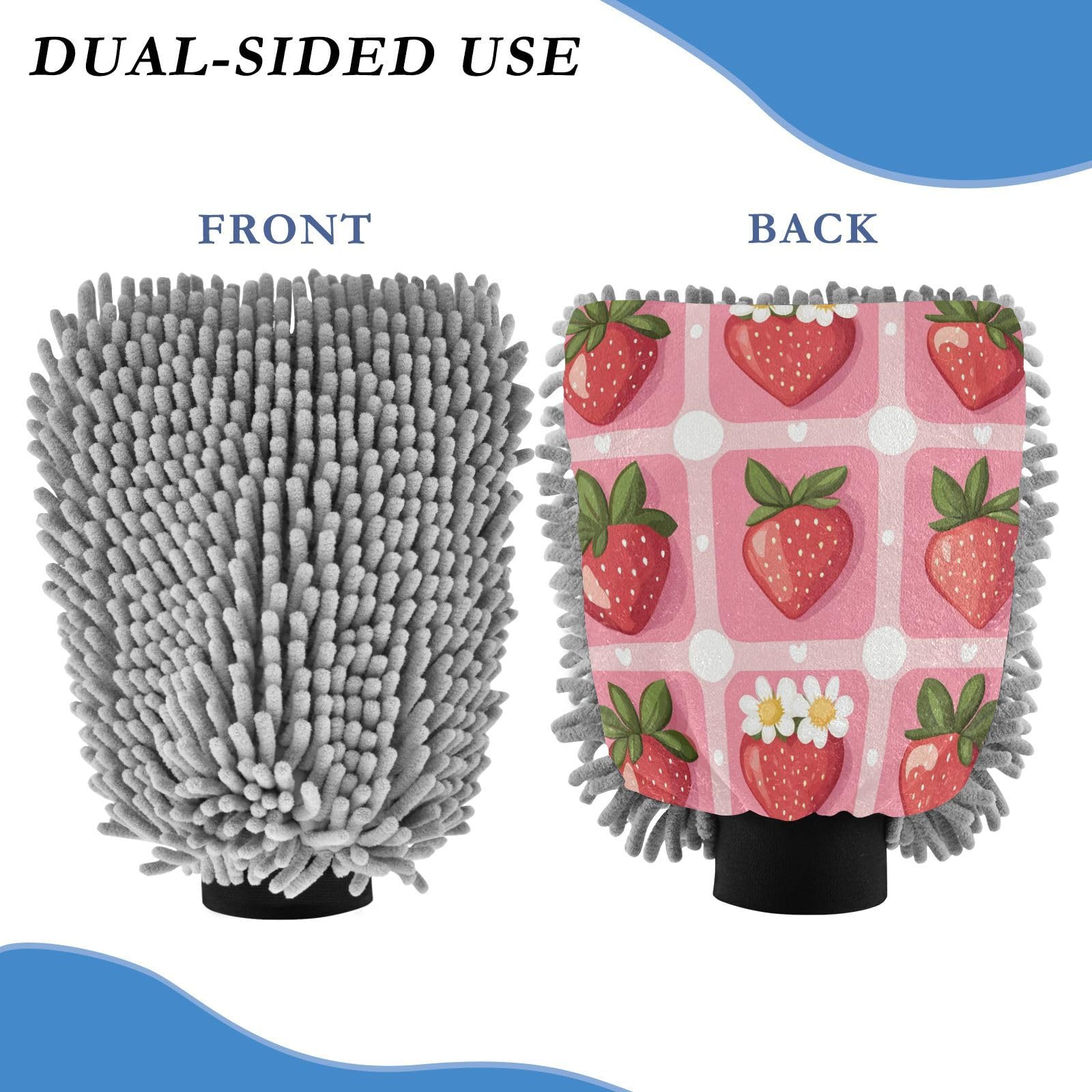 STAYTOP Delicious Strawberries Car Wash Mitt Microfiber, 2Pcs Scratch Free Lint-Free, Premium Chenille Microfiber Mitt Car Wash Brush-L