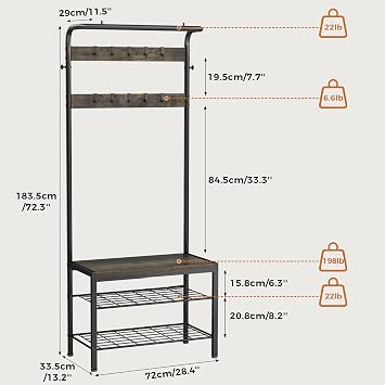 NEWBULIG Coat Rack, Hall Tree with Shoe Bench, 4-in-1 Entryway Organizer with 10 Hooks and Storage Shelf, Rustic Wood Entryway Bench for Mudroom, Living Room, Bedroom, Grey