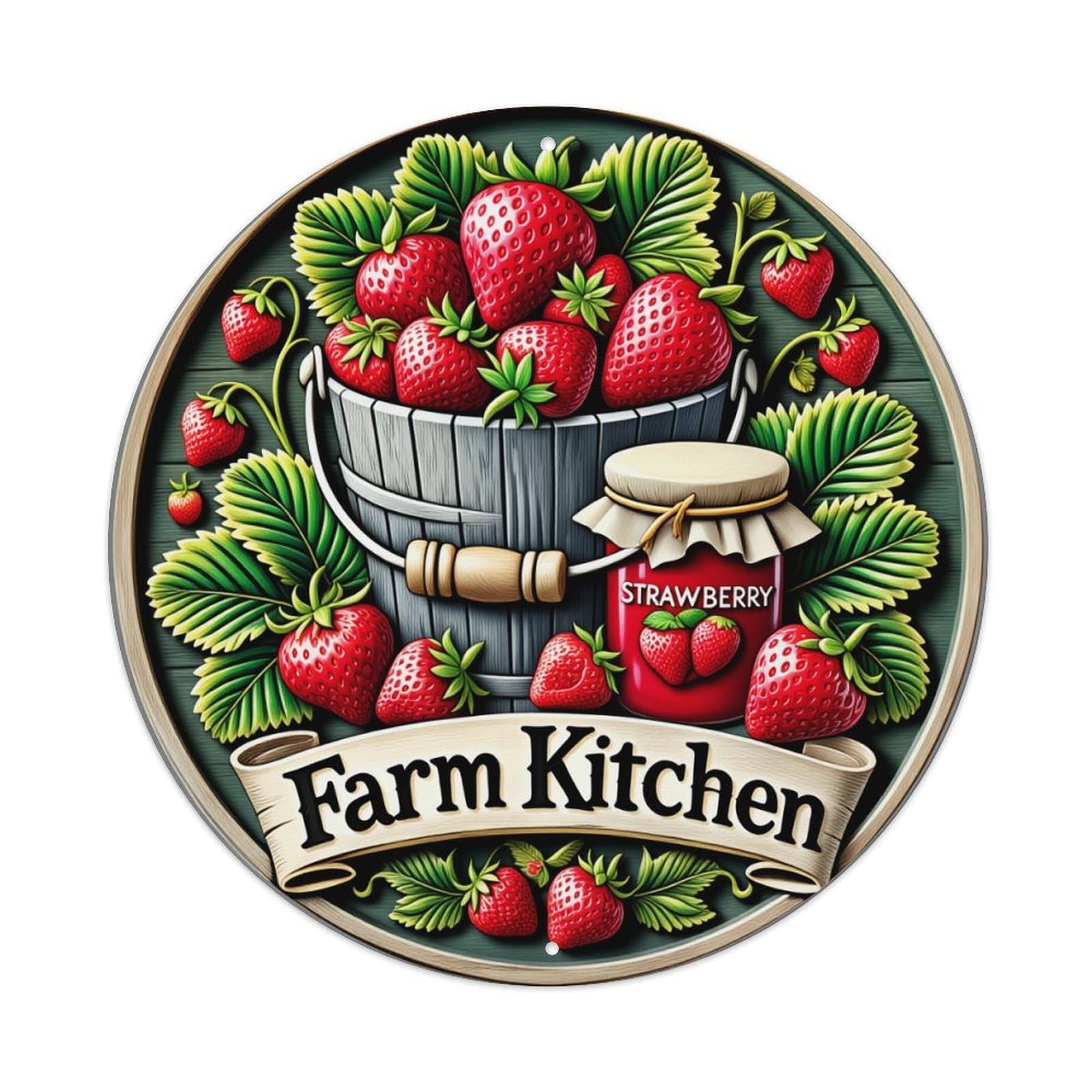 Strawberry Bucket Jar Leaves Banner Round Tin Sign Retro Metal Sign for Cafe Bar Pub Home Game Room Gym Club Wall Decoration Vintage Metal Poster 8x8 Inch