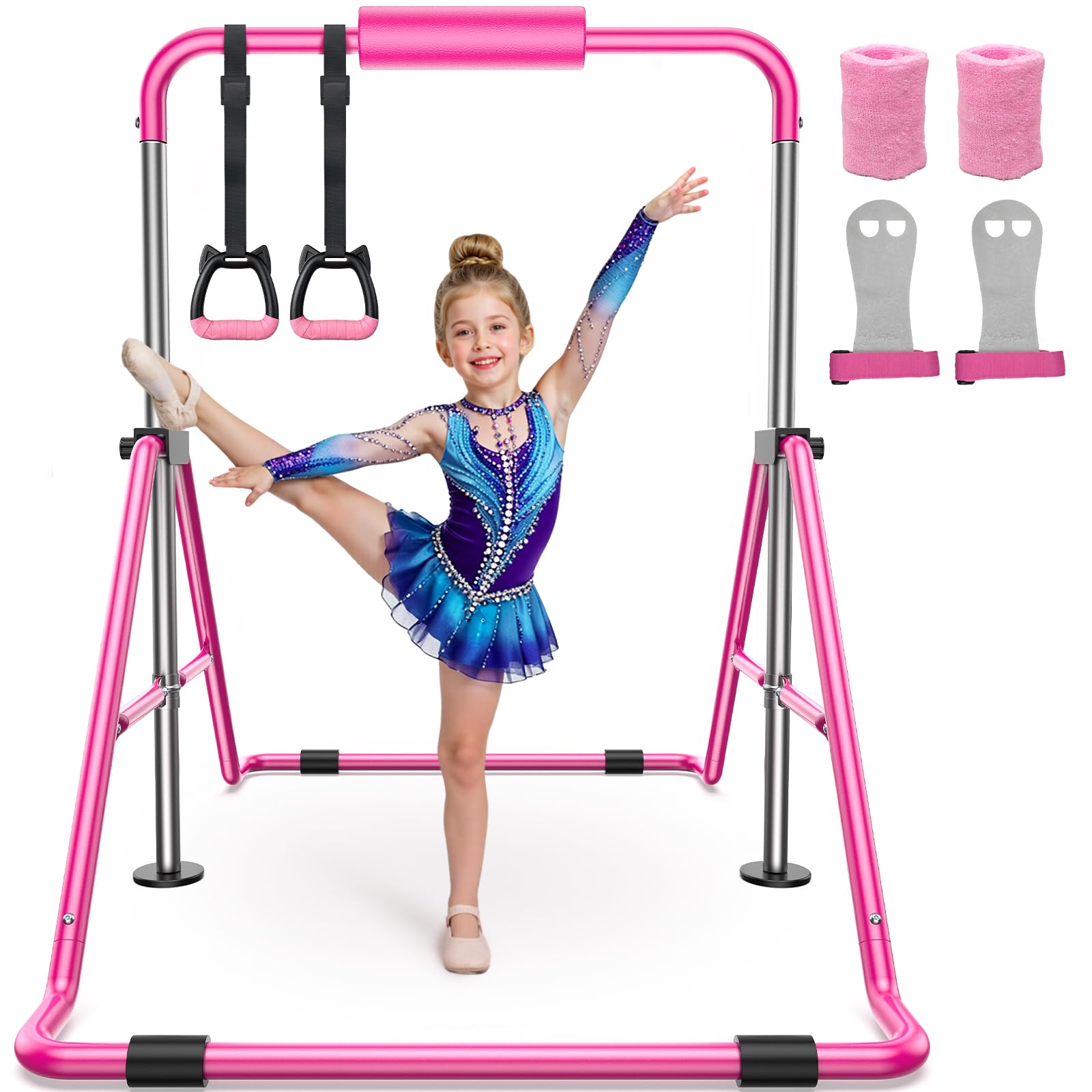 Sportsroyals Gymnastics Bar for Kids,Adjustable Height Gymnastic Horizontal Bars,Folding Gymnastic Junior Training Kip Bar for Home, Pink