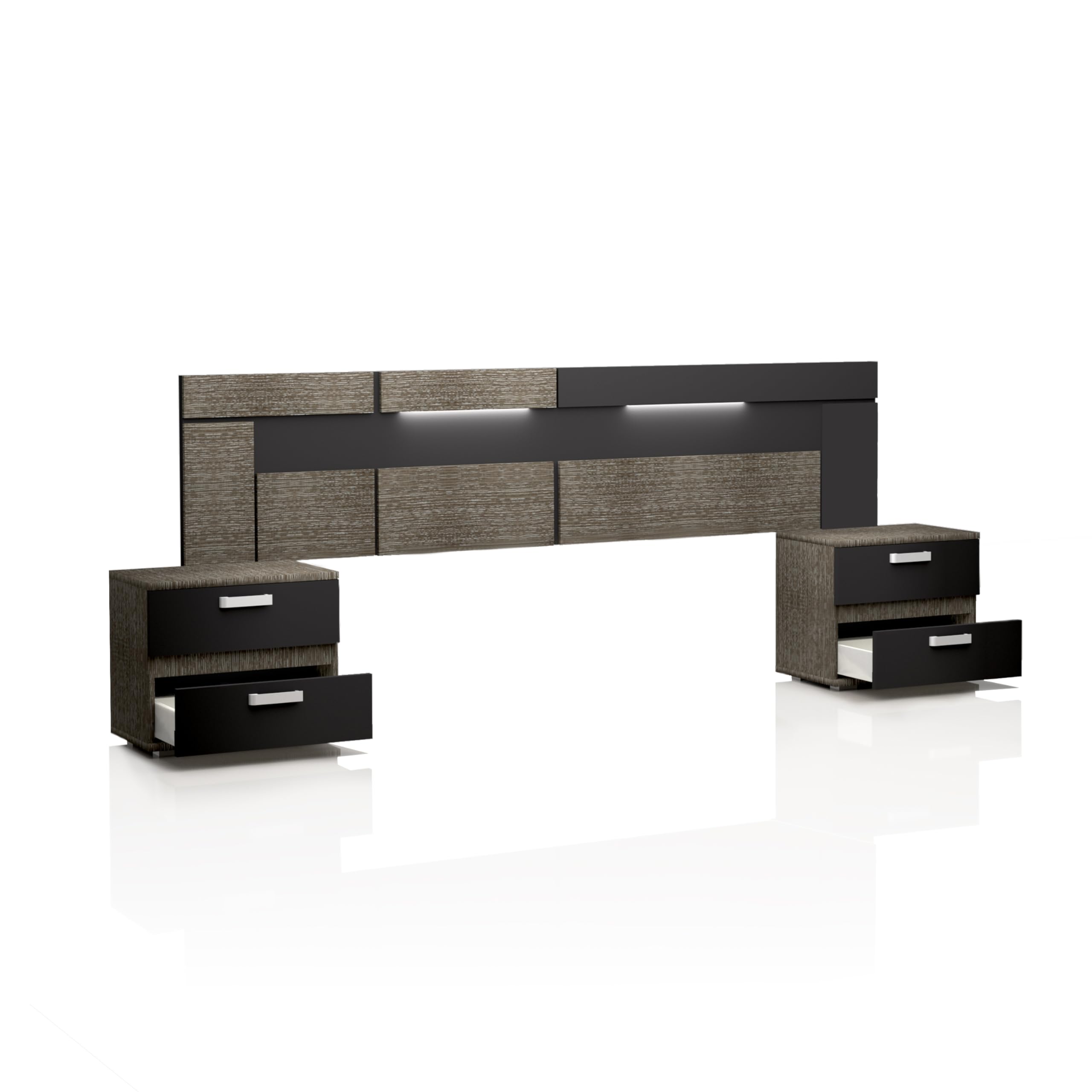duehome | Pack Cabecero con Leds y 2 Mesitas de Noche, Dormitorio Doble, Dormitorio Completo, Modelo Ataneq Dark, Acabado en Ceniza y Negro