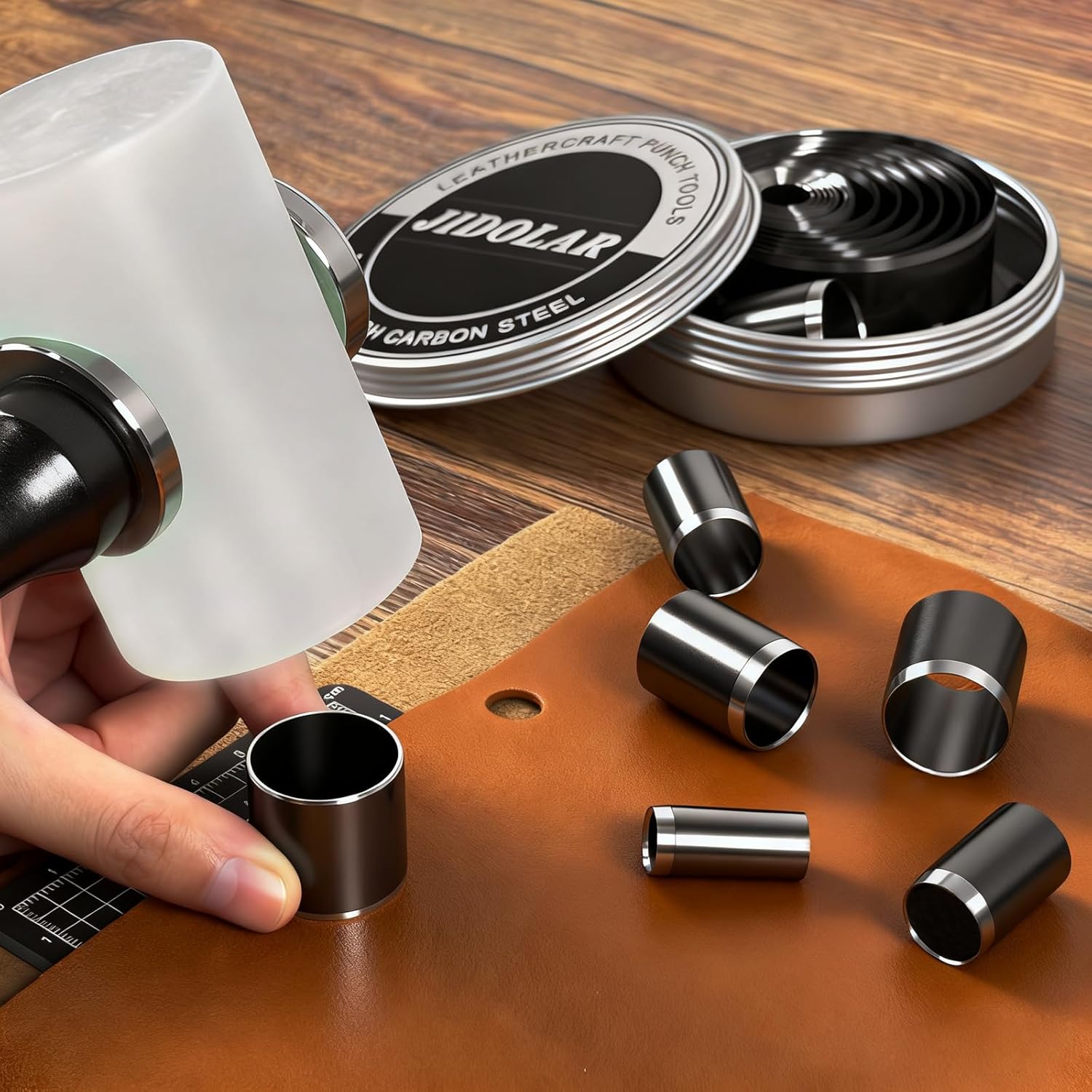 Leather Circle Cutter Tool Set, 34 Pieces Circle Punch Tools 1-25mm 30 35 40 45 50 55 60mm, High Carbon Steel Round Cutting Dies - Leather Hole Punch Tool Kit for DIY Leathercrafts