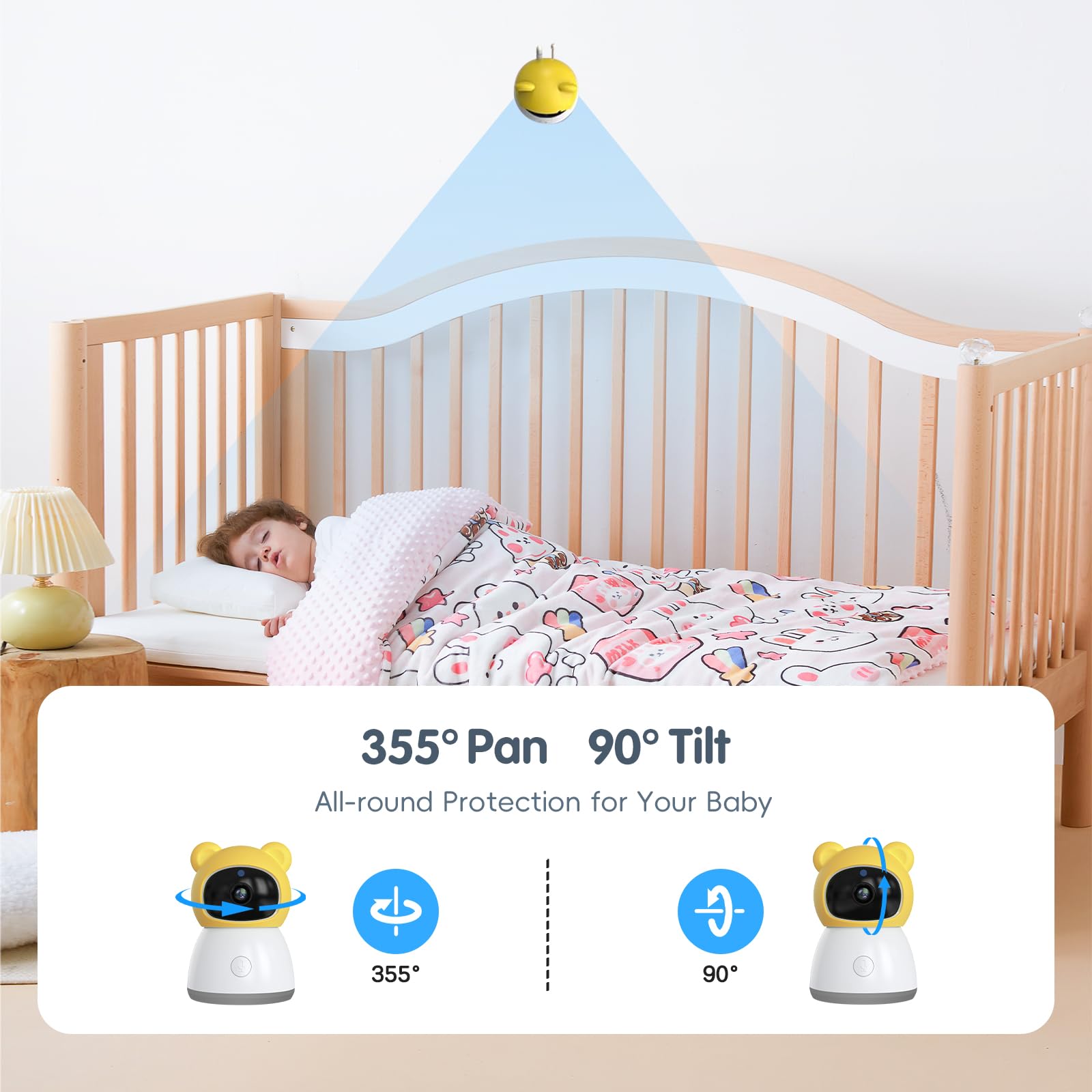 Elektroniczna niania z kamerą i dźwiękiem, Smart Video 2K HD, Wi-Fi, ekran 5", noktowizor, czujnik wilgotności temperatury, 2-drożne połączenie, kołysanka, tryb snu, wykrywanie płaczu, zasięg