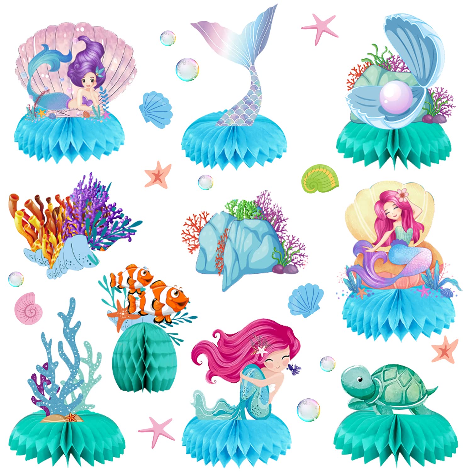 10 PCS Mermaid 3D Honeycomb Centerpiece Girl Birthday Mermaid Underwater Theme Party Decoration Honeycomb Centerpiece Dessert Table Decoration Supplies