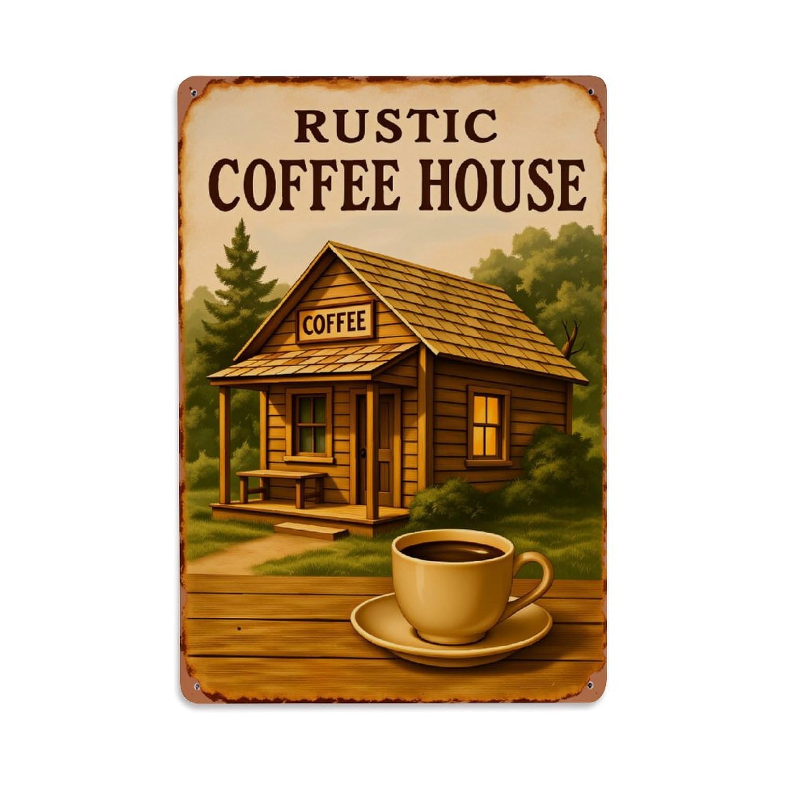 Lzwbntey Vintage Rustic Coffee House Cabin Scene Metal Tin Sign Retro Wall Decor For Home Bar Garage Cafe, Indoor & Outdoor Decorative Metal Poster, 8X12 Inch