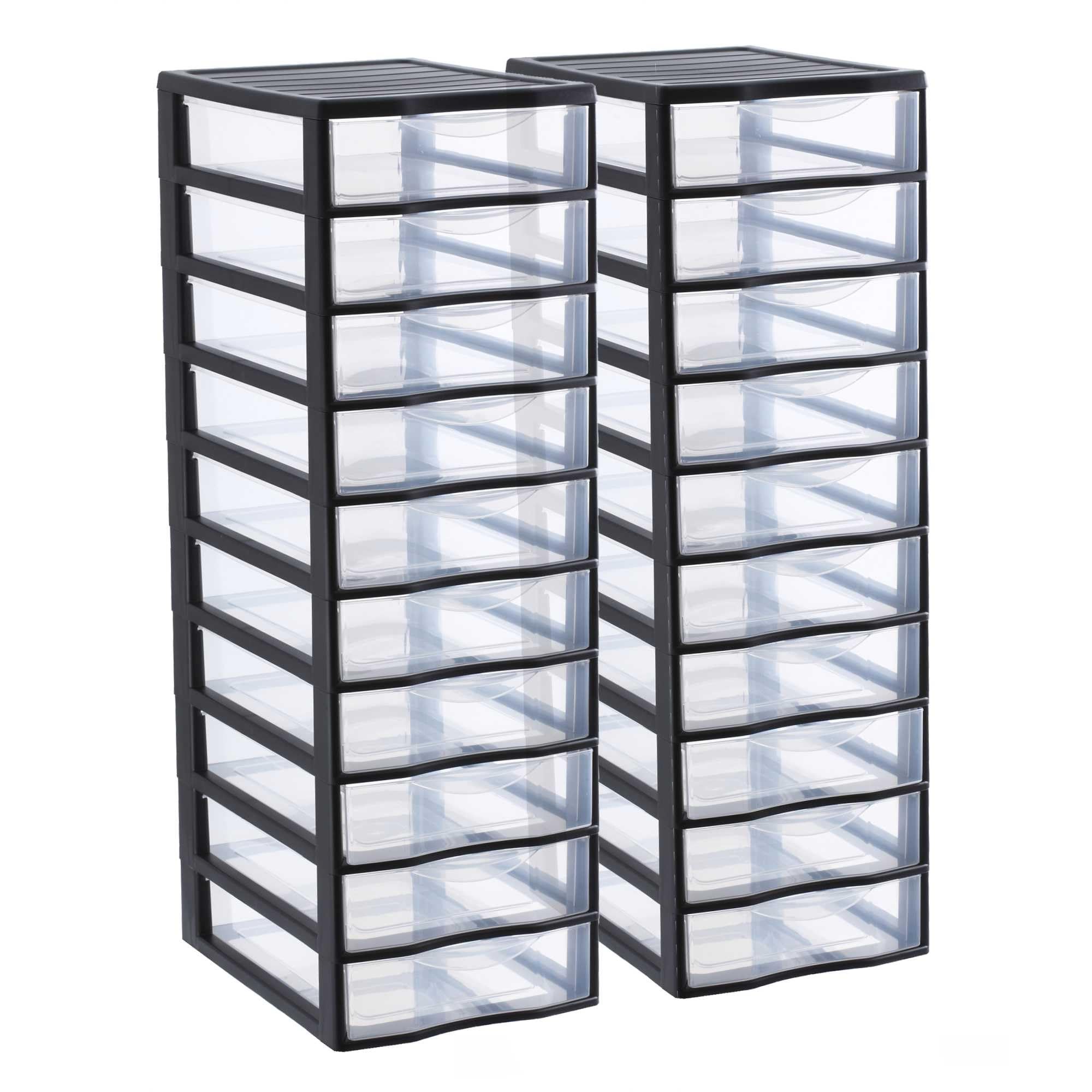 SUNDIS Orgamix, lot de 2 tours de rangement en plastique noir, 10 tiroirs transparents format papier A4, hauteur 81,5 cm, idéales rangement bureau, cours, documents, fournitures, accessoires