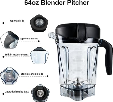 Blender Pitcher 64oz Low-Profile, Replacement Pitcher for Vitamix 5200 7500 6300 750 Vm0103 Vm0197 E310 G/Classic C/Explorian/Commercial series etc
