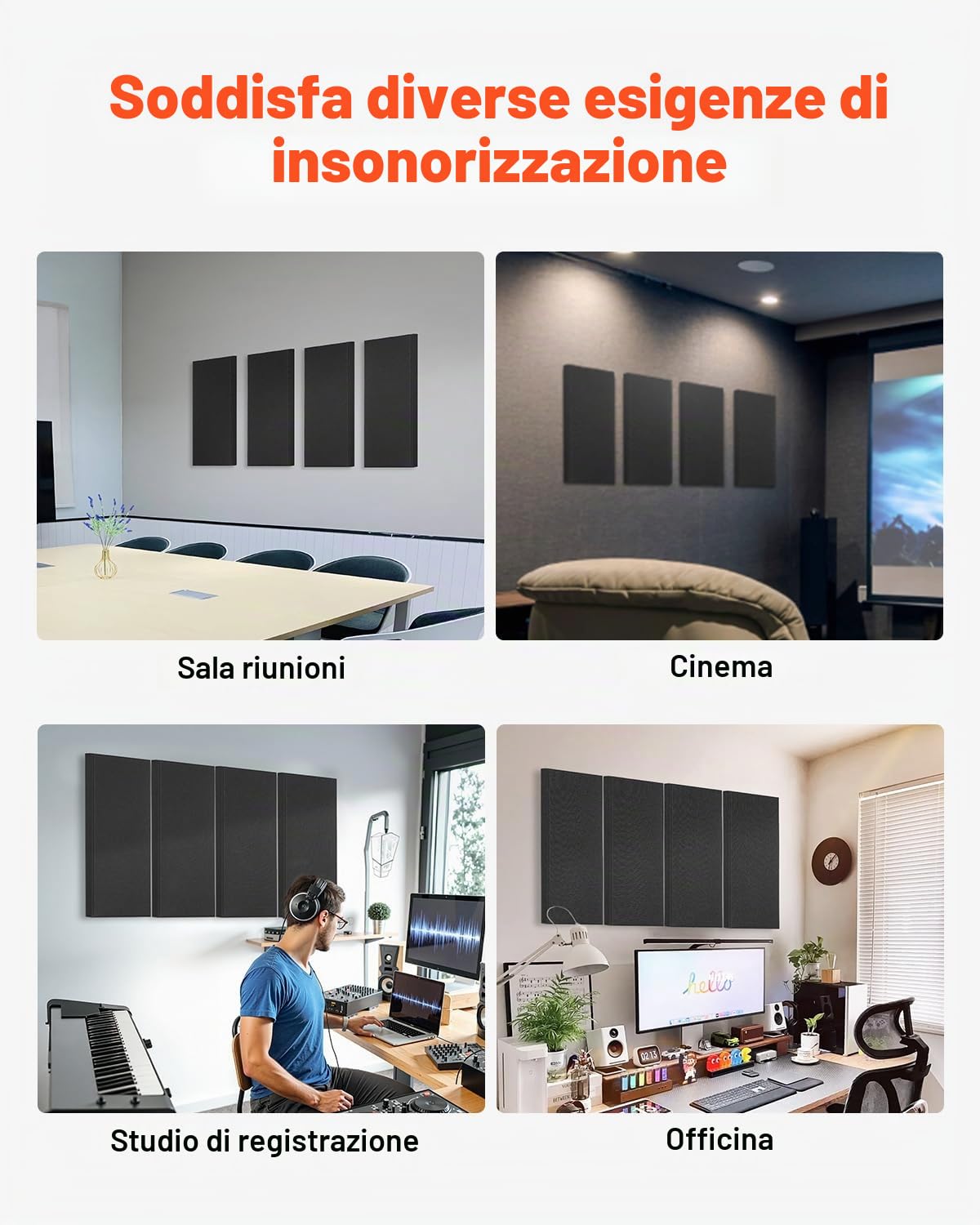 VEVOR Pannelli Acustici Murali Fonoassorbenti Autoadesivi, Pannelli Fonoassorbenti in Fibra di Vetro Bianca 4,36 kg, per Studi, Uffici, Sale Riunioni, 4 Pezzi 600 x 300 x 50 mm, Nero
