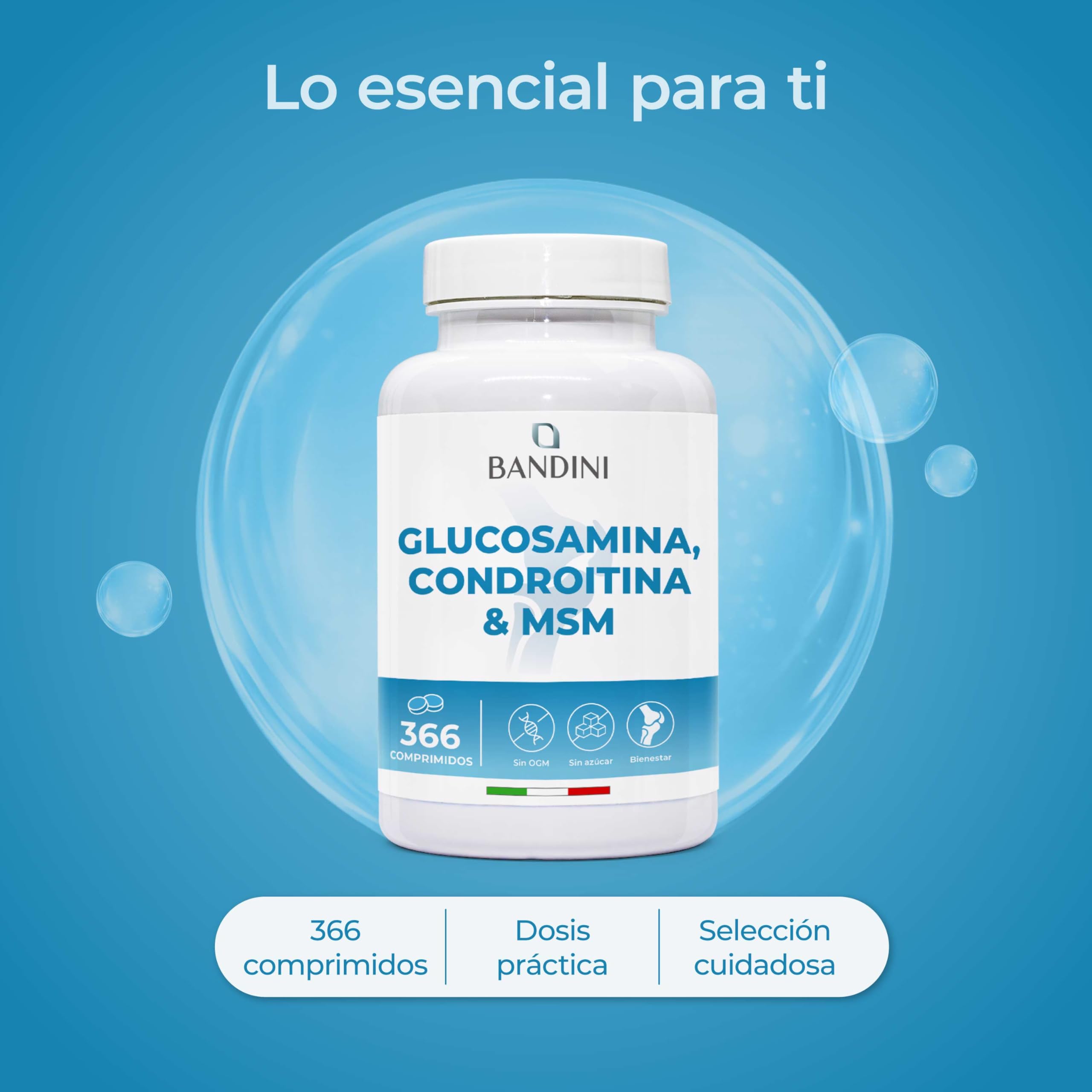 Bandini® Glucosamina Condroitina MSM y Vitamina C 366 Comprimidos | Para articulaciones y cartílagos | Complejo con 600 mg de glucosamina, 100 mg de condroitina y MSM por dosis | 6 meses de suministro