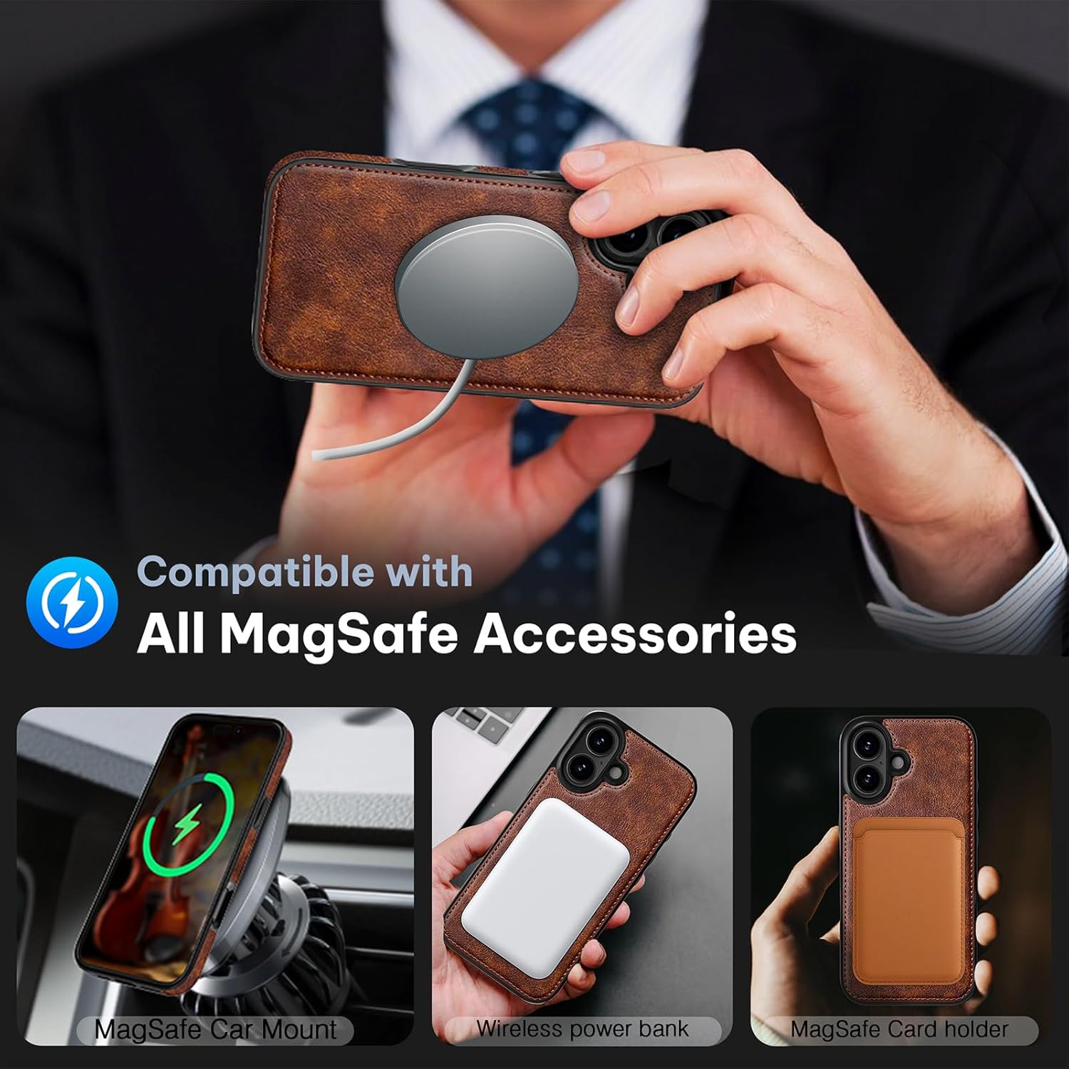 LOHASIC for iPhone 17 Leather Case Compatible with MagSafe, Slim Luxury PU Non-Slip Grip Rugged Bumper Shockproof Protective Cover Men Women Phone Case for iPhone 17 6.3" 2025 - Brown - Image 3