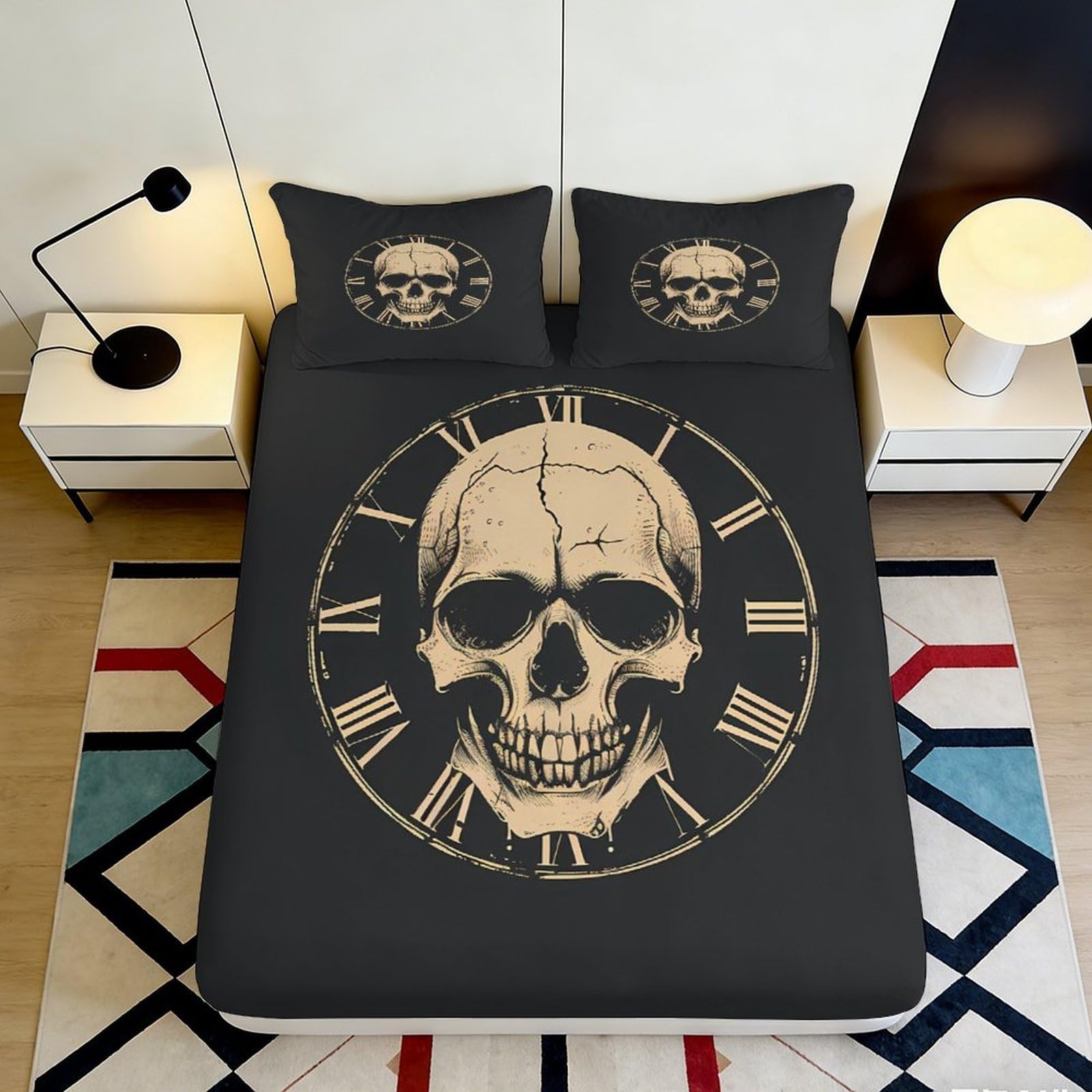 3D Printed Skull Clock Fitted Sheet Microfiber Deep Pocket Non-Slip Bedroom Bedding Skull Mattress Fitted Cover Washable for Adults 200x200x25cm 90x200x25cm