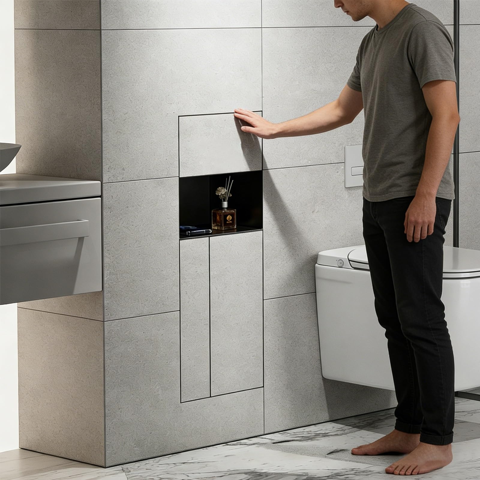 Inserto de nicho de ducha con dispensador de papel higiénico empotrado y soporte para cepillo de inodoro montado en la pared, solución de almacenamiento oculto para ahorrar espacio en uso comercial y