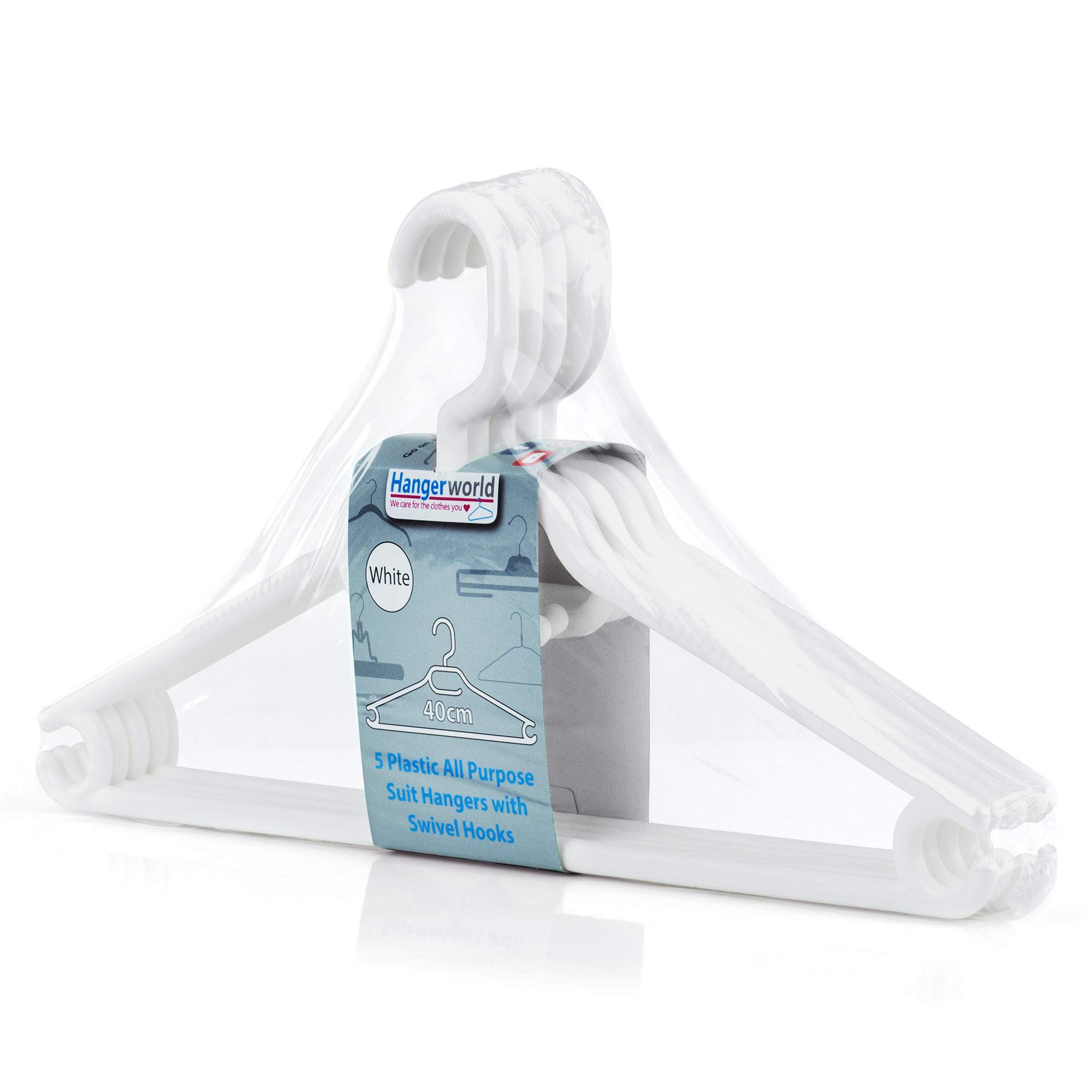 HANGERWORLD 20 weiße 40 cm große Allzweck-Kleiderbügel aus Kunststoff, rutschfeste Hosenstange.