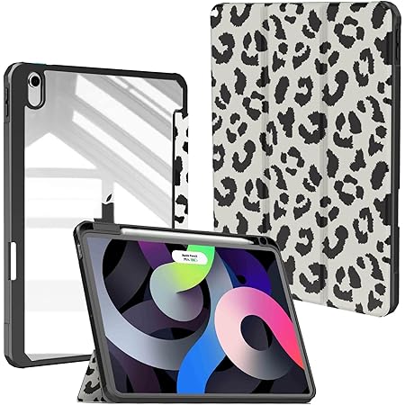 iPad Air 5th Generation case, Feams Slim Lightweight Trifold iPad Air 5th/4th Generation 10.9 Inch 2022/2020 Case Clear Cover with Auto Sleep/Wake & Pencil Holder for iPad Air 5/4, Leopard Print