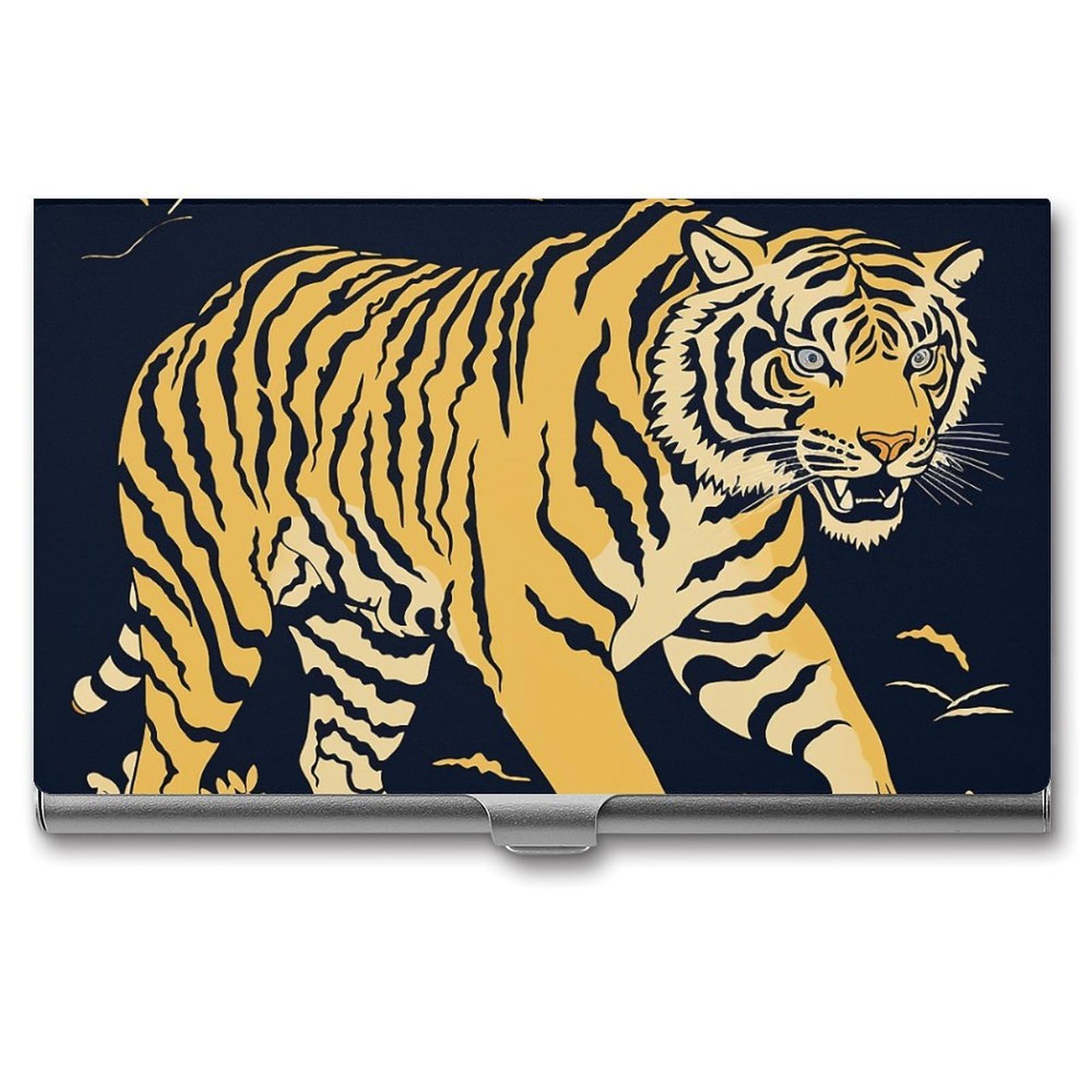 BTCOWZRV Animation Style Tiger Business Card Holder Metal Slim Business Card Case, Pocket Card Holder for Men Women Purse Name Card Holder Stainless Steel Wallet Credit ID Case for Office