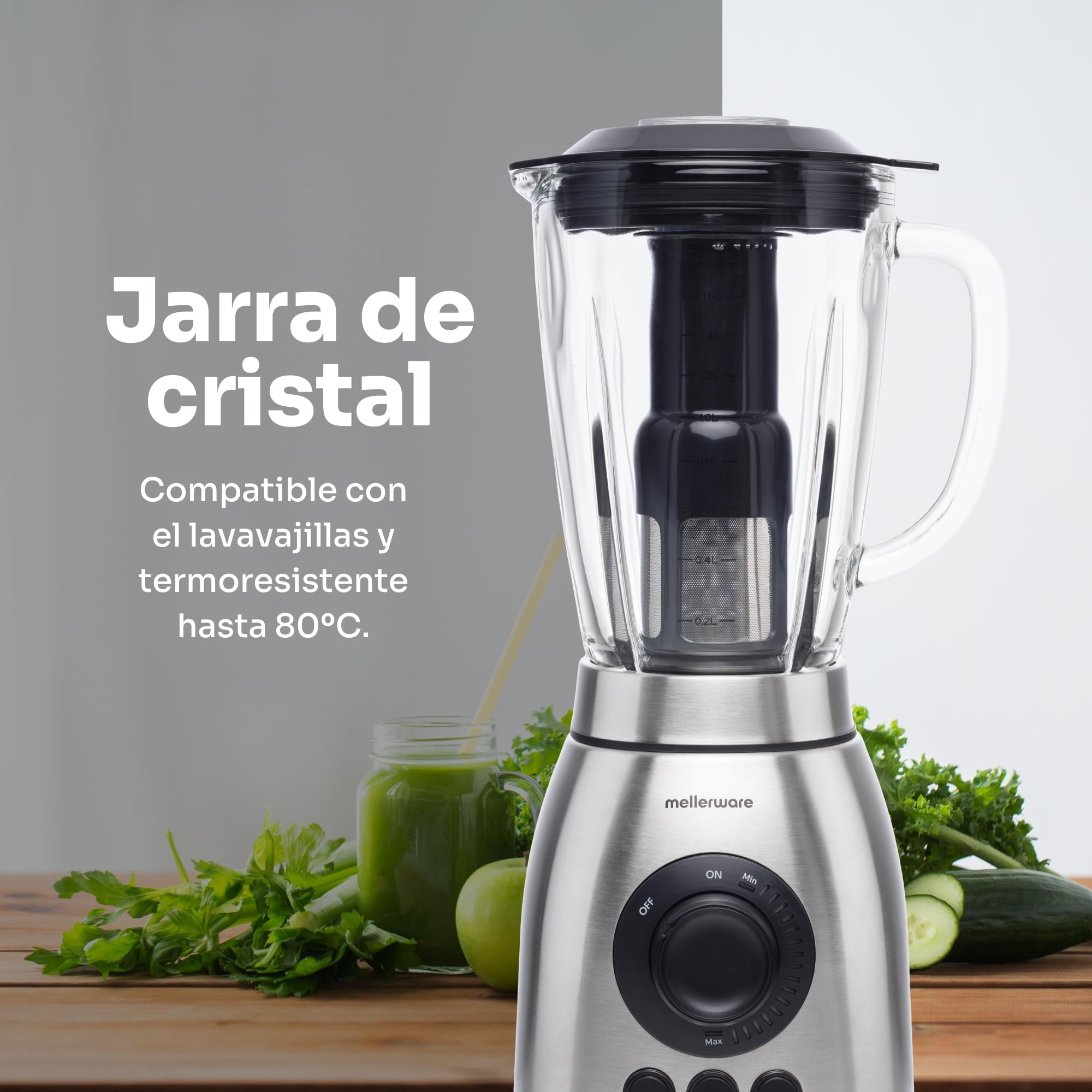 Mellerware - Mikser do kubków z filtrem Mixy Plus! 2000 W | 3 stopnie prędkości + Turbo | Szklany dzbanek 1,8 l | 6 ostrzy | Lodołamacz | Mikser bez grudek | stal nierdzewna | nadaje się do mycia w