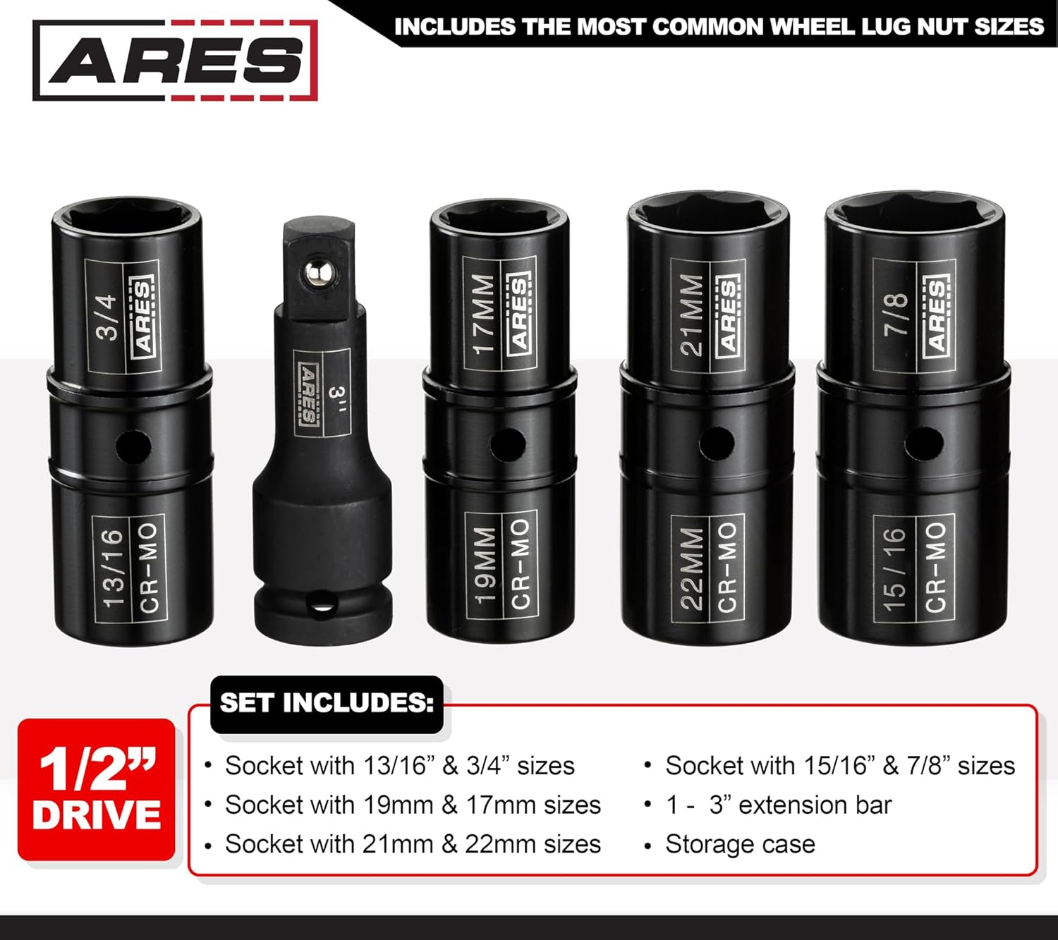 ARES 59010-5-Piece 1/2-inch Drive Lug Nut Flip Socket Set - Includes 17mm, 19mm, 21mm, 22mm Metric Sizes & 3/4-Inch, 13/16-Inch, 7/8-Inch, 15/16-Inch SAE Sizes - Impact Grade Chrome-Moly Steel